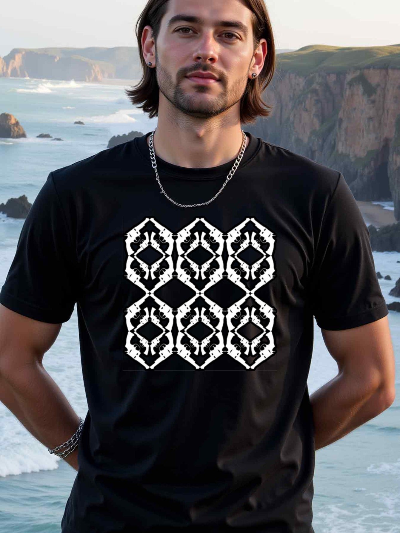 natee local warehouse clearance Abstract Geometric Pattern Black T-shirt, man's T-Shirt,100% Cotton Fabric,Crew Neck,Short Sleeve,Regular Fit,All-Season Casual Wear,180gsm-Ideal for Valentines Christian festival Thanksgiving Day, 男t
