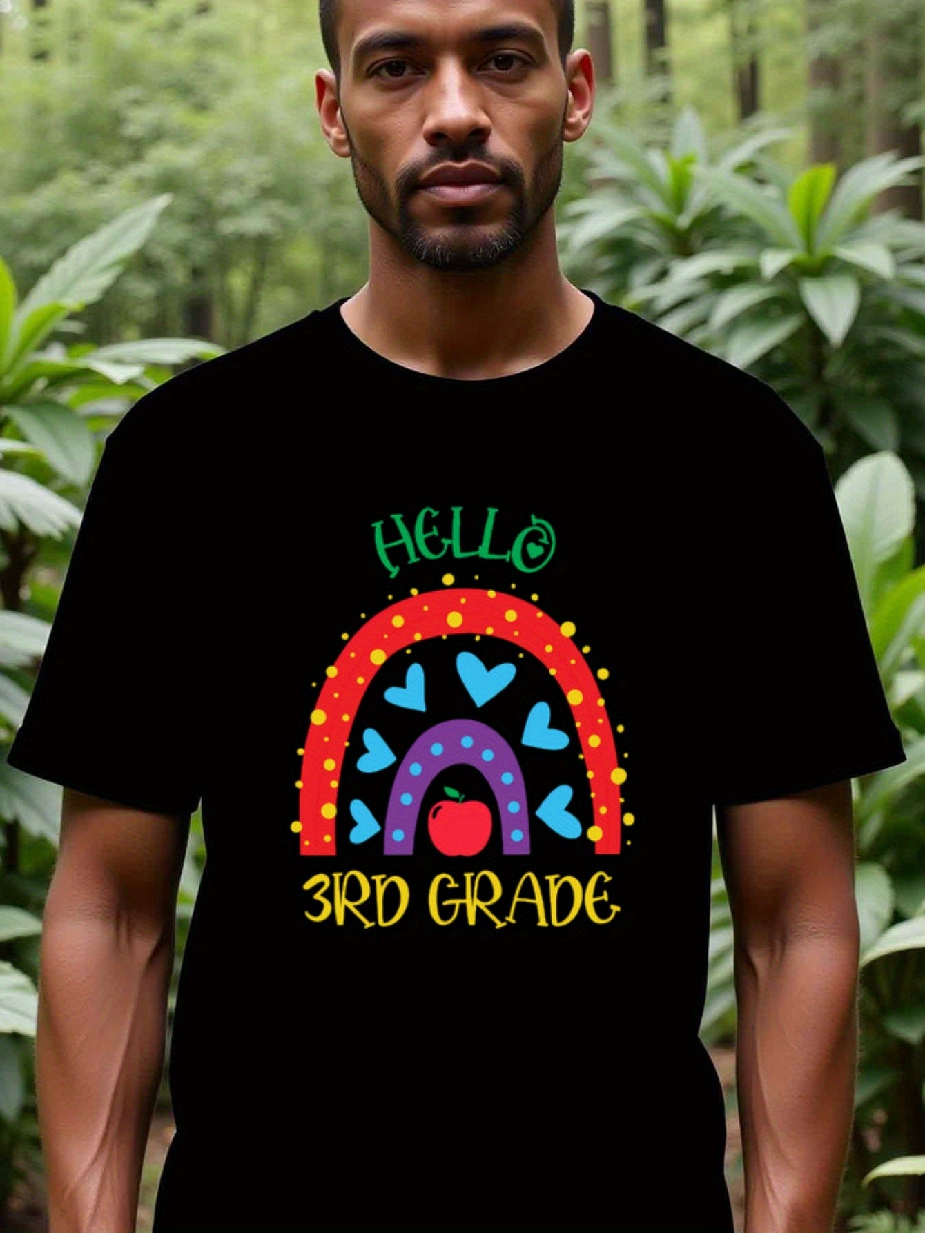 natee local warehouse clearance Back to School Rainbow Hello 3rd Grade T-shirt, man's T-Shirt,100% Cotton Fabric,Crew Neck,Short Sleeve,Regular Fit,All-Season Casual Wear,180gsm-Ideal For Summer Holiday Gift, 男t
