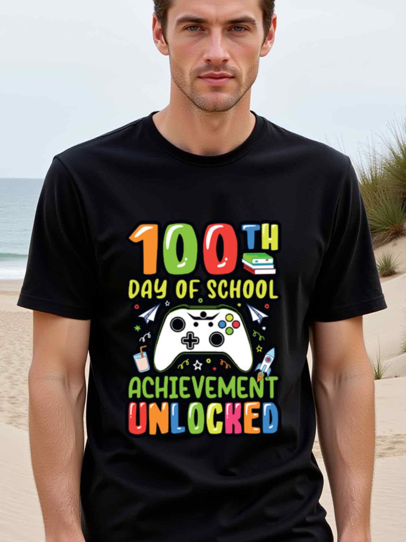 natee local warehouse clearance 100th Day of School: Achievement Unlocked Gamer T-shirt, 100% Cotton Fabric,Crew Neck,Short Sleeve,Regular Fit,All-season casual wear for man and teens-perfect for running, hiking, the beach, and parties Christian festival