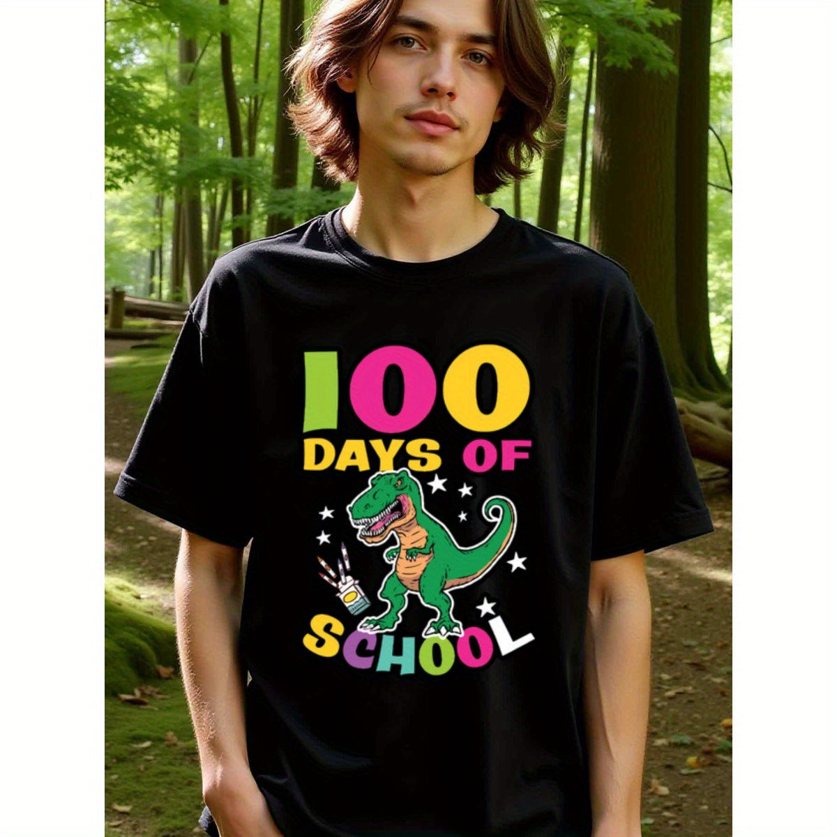 natee local warehouse clearance 100 Days of School Dinosaur T-shirt for Kids, 100% Cotton Fabric,Crew Neck,Regular Fit,Weekend Casual Wear,180gsm Family Friends Christian festival Thanksgiving Day, 男t