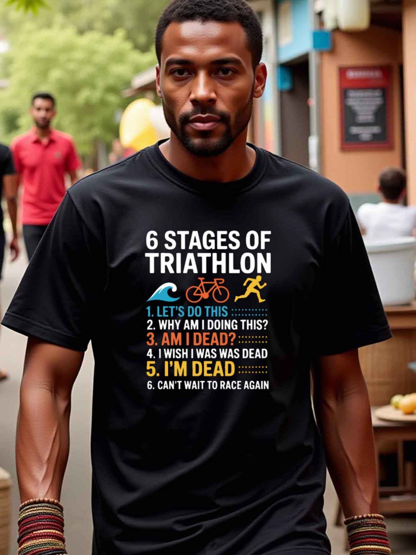 natee local warehouse clearance 6 Stages of Triathlon: a Humorous Journey Through Race Day, 100% Cotton Fabric,Crew Neck,Short Sleeve,Regular Fit,All-season casual wear for man and teens-perfect for running, hiking, the beach, and parties Christian festiv