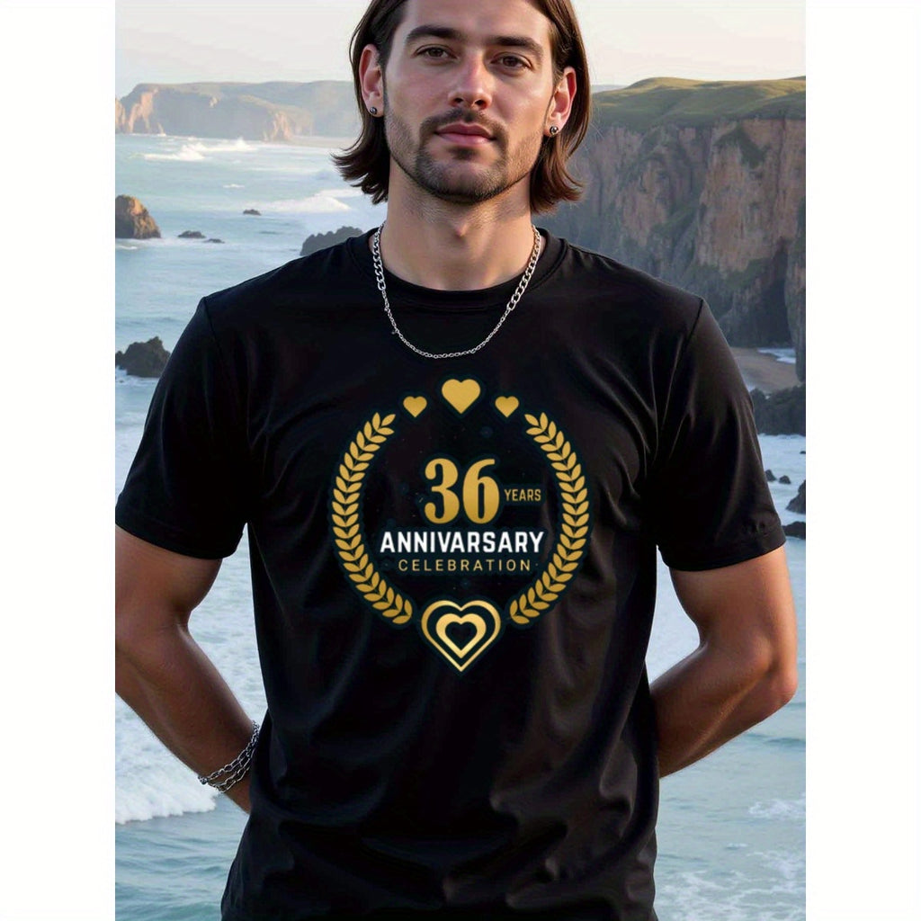 natee local warehouse clearance 36th Anniversary Celebration T-shirt - Black & Gold Hearts Design, man's T-Shirt,100% Cotton Fabric,Crew Neck,Short Sleeve,Regular Fit,All-Season Casual Wear,180gsm-Ideal for All Saints' Day Thanksgiving Day, 男t