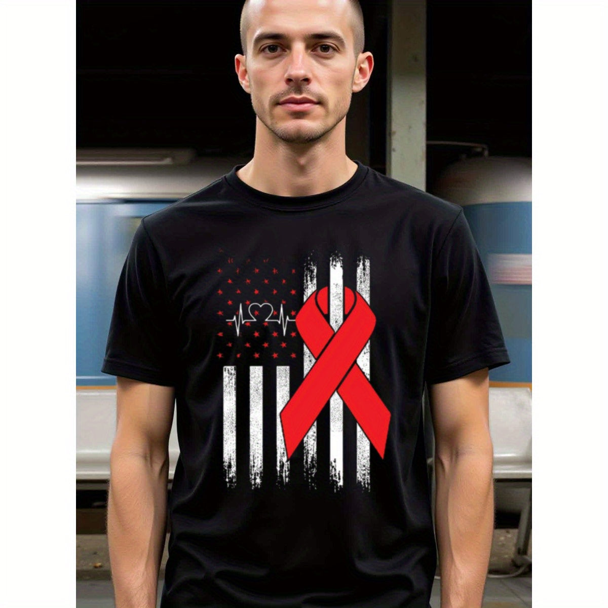 natee local warehouse clearance American Heartbeat Red Ribbon Awareness Flag T-shirt, man's T-Shirt,100% Cotton Fabric,Crew Neck,Short Sleeve,Regular Fit,All-Season Casual Wear,180gsm-Ideal for Valentines Christian festival Thanksgiving Day, 男t