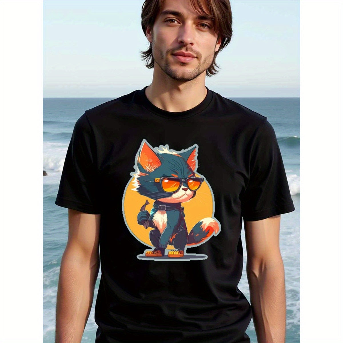 natee local warehouse clearance Badass Cat in Sunglasses Graphic T-shirt, man's T-Shirt,100% Cotton Fabric,Crew Neck,Short Sleeve,Regular Fit,All-Season Casual Wear,180gsm-Ideal for Valentines Christian festival Thanksgiving Day, 男t