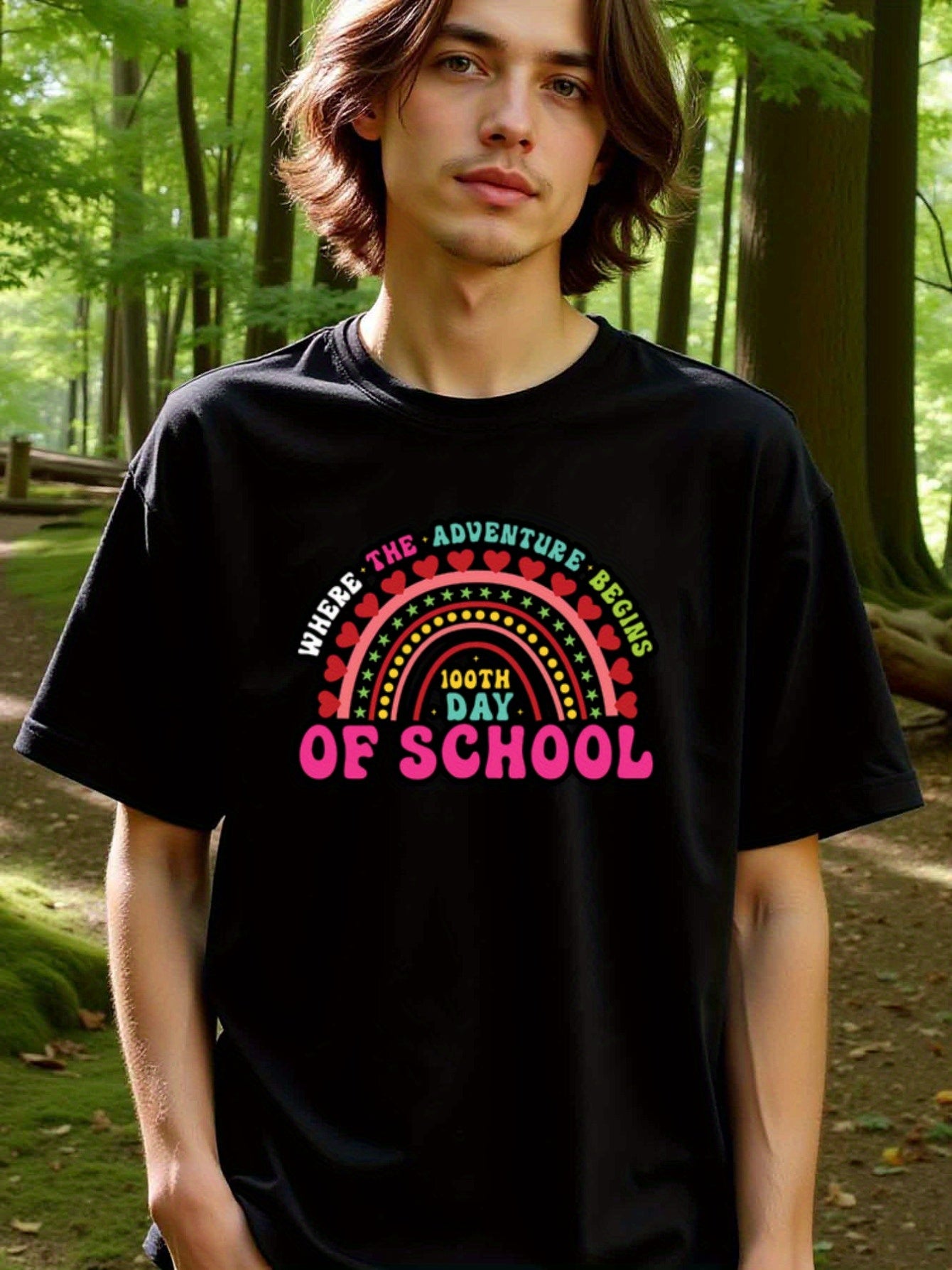 natee local warehouse clearance 100th Day of School Adventure Rainbow Hearts T-shirt, 100% Cotton Fabric,Crew Neck,Short Sleeve,Regular Fit,All-season casual wear for man and teens-perfect for running, hiking, the beach, and parties Christian festival Tha