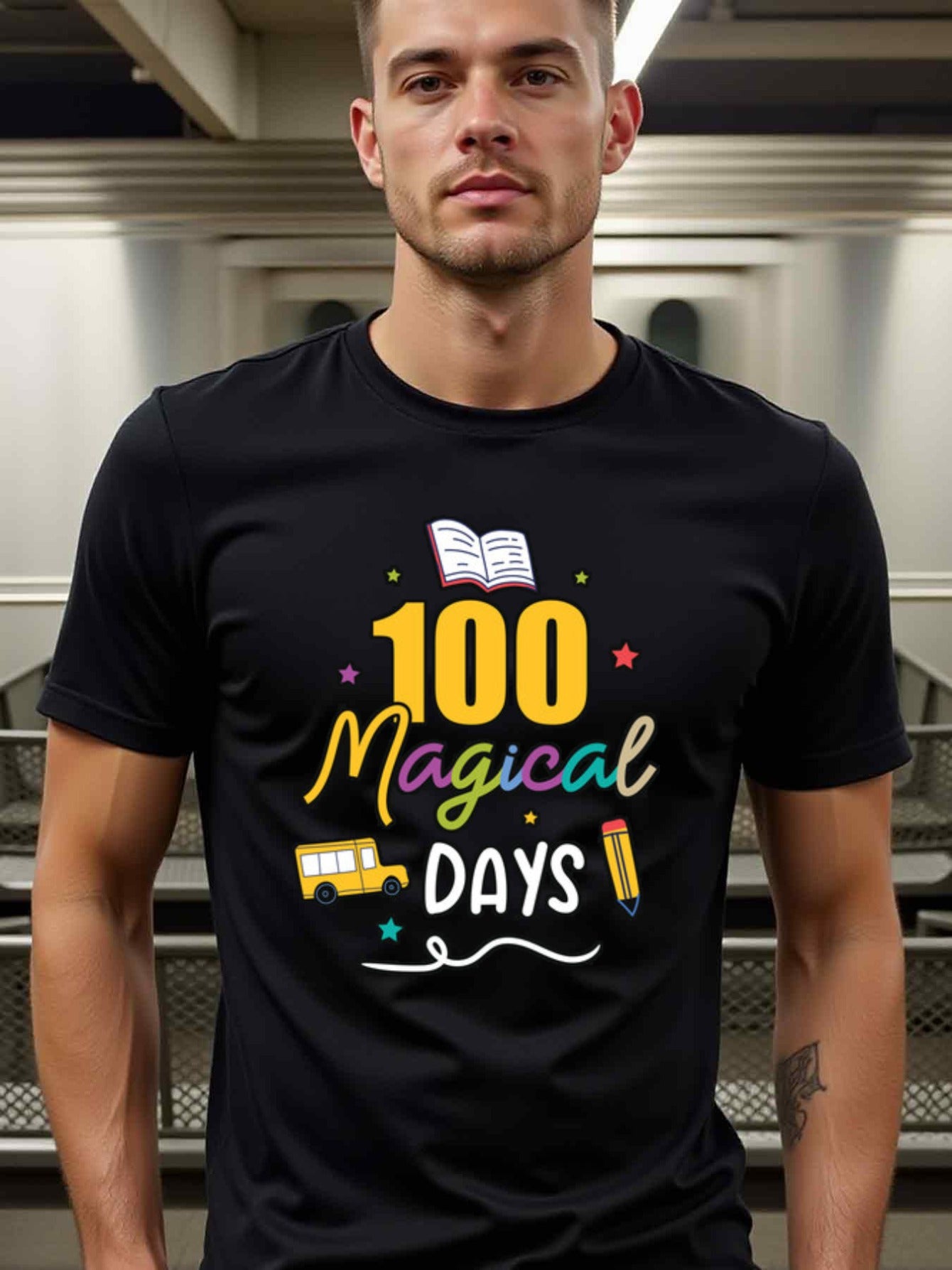 natee local warehouse clearance 100 Magical Days: Celebrate School Milestone with Style!, 100% Cotton Fabric,Crew Neck,Regular Fit,Weekend Casual Wear,180gsm Family Friends Christian festival Thanksgiving Day, 男t