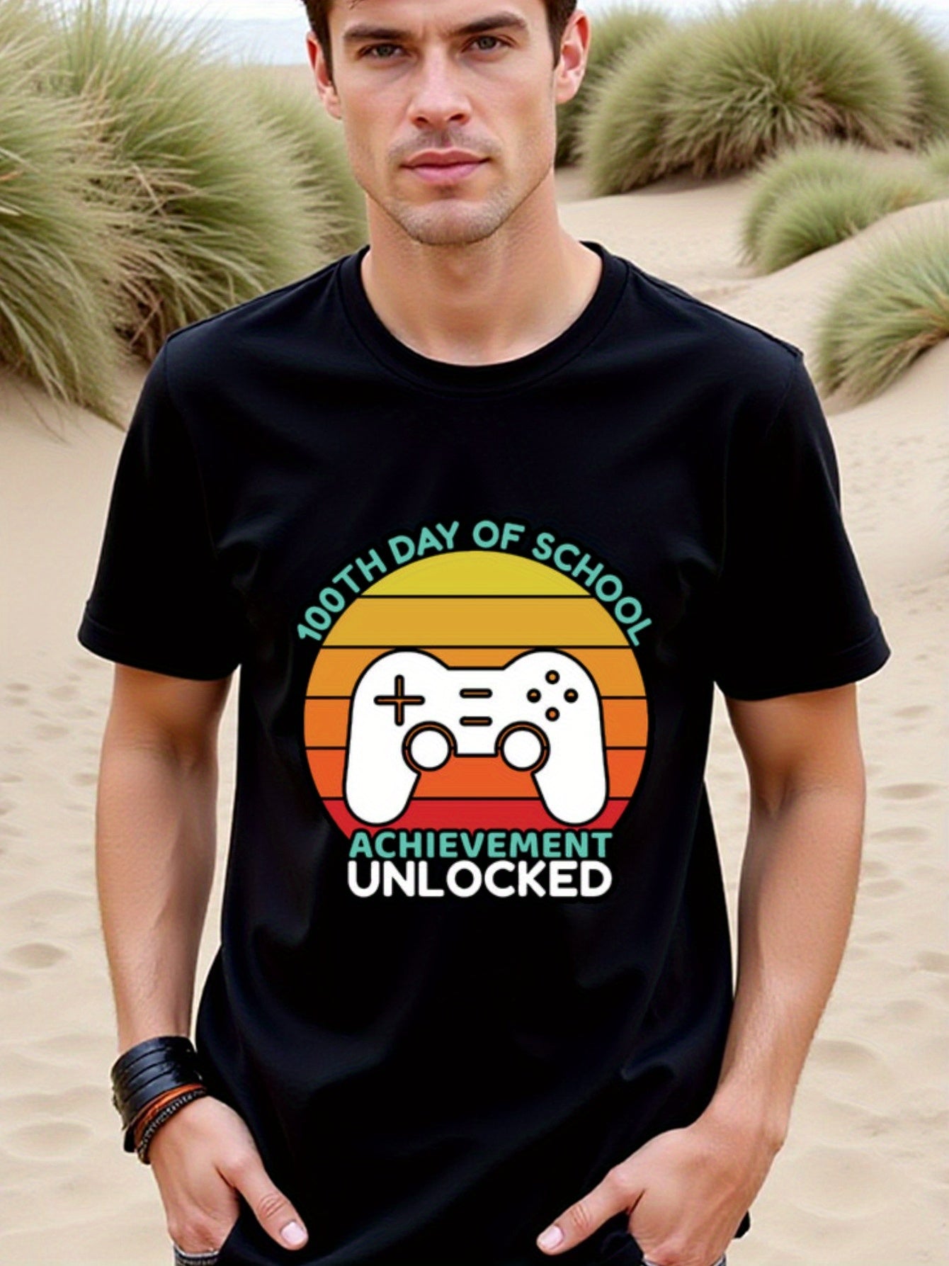 natee local warehouse clearance 100th Day of School: Achievement Unlocked Gamer T-shirt, 100% Cotton Fabric,Crew Neck,Short Sleeve,Regular Fit,All-season casual wear for man and teens-perfect for running, hiking, the beach, and parties Christian festival