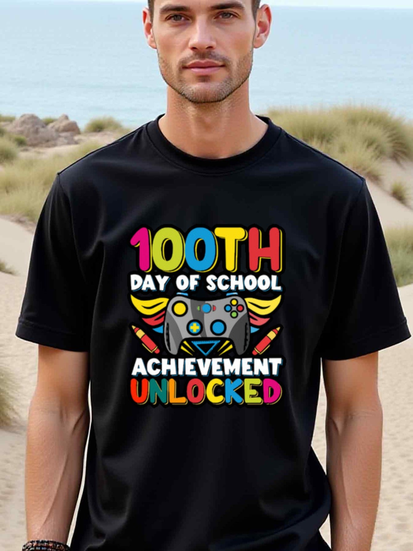 natee local warehouse clearance 100th Day of School Achievement Unlocked Gamer T-shirt, man's T-Shirt,100% Cotton Fabric,Crew Neck,Short Sleeve,Regular Fit,All-Season Casual Wear,180gsm-Ideal for Valentines Christian festival Thanksgiving Day, 男t