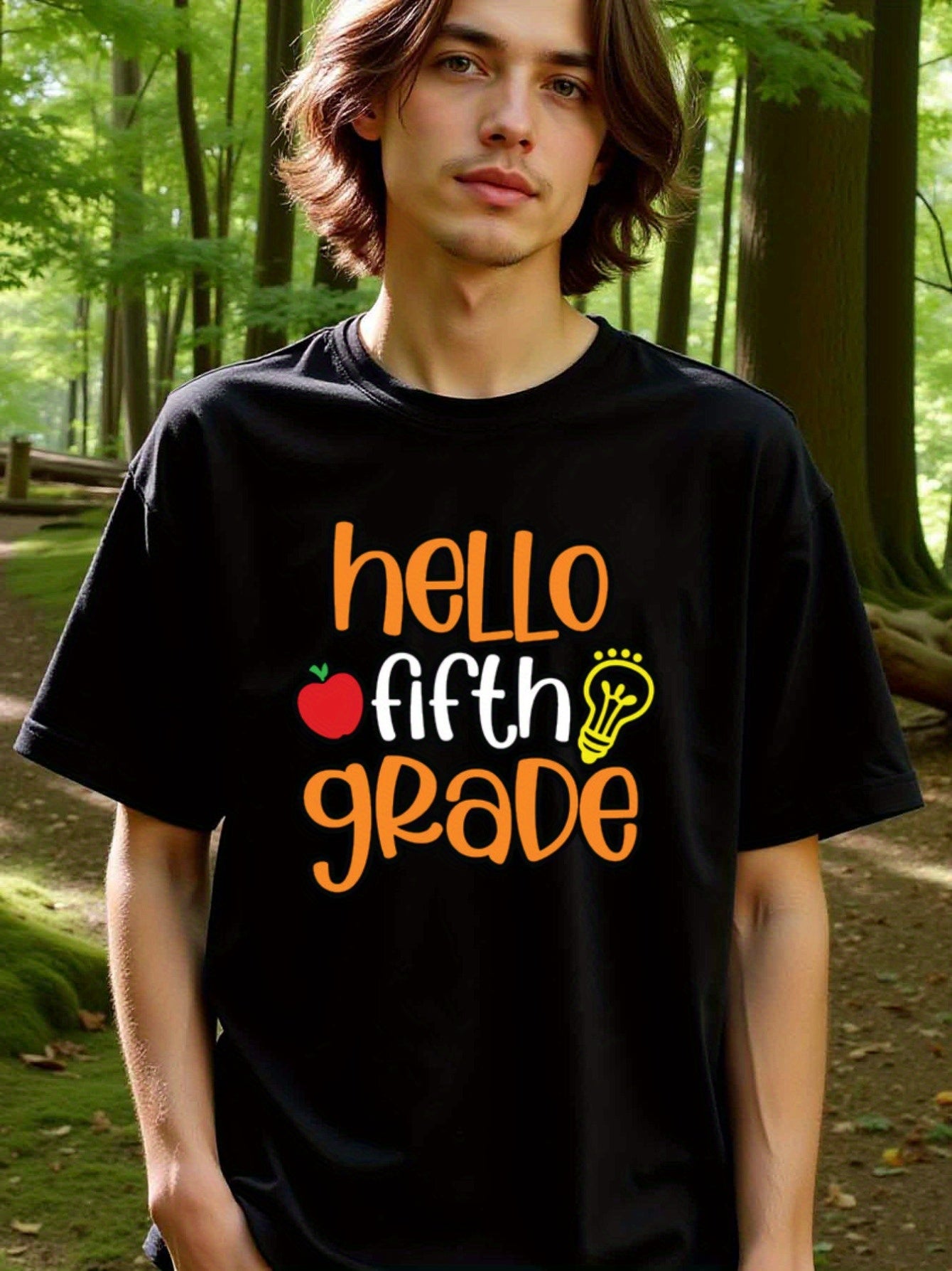 natee local warehouse clearance Back-to-school Hello Fifth Grade Graphic Tee, man's T-Shirt,100% Cotton Fabric,Crew Neck,Short Sleeve,Regular Fit,All-Season Casual Wear,180gsm-Ideal for Valentines Christian festival Thanksgiving Day, 男t