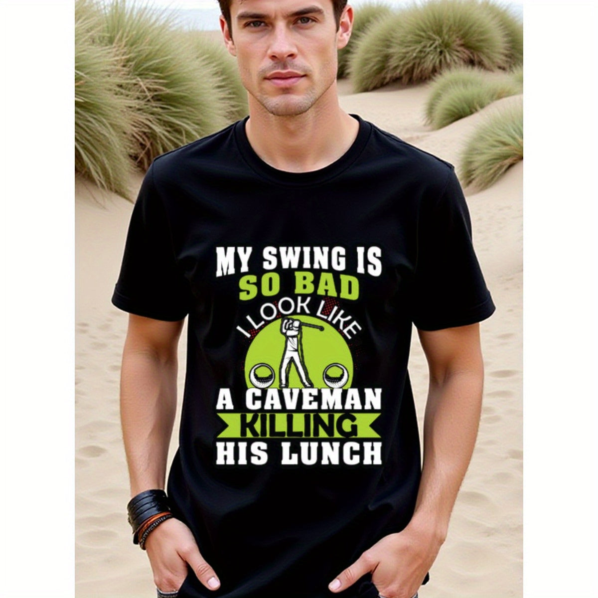 natee local warehouse clearance Bad Golf Swing Humor: Caveman Lunch T-shirt, 100% Cotton Fabric,Crew Neck,Regular Fit,Weekend Casual Wear,180gsm Family Friends Christian festival Thanksgiving Day, 男t