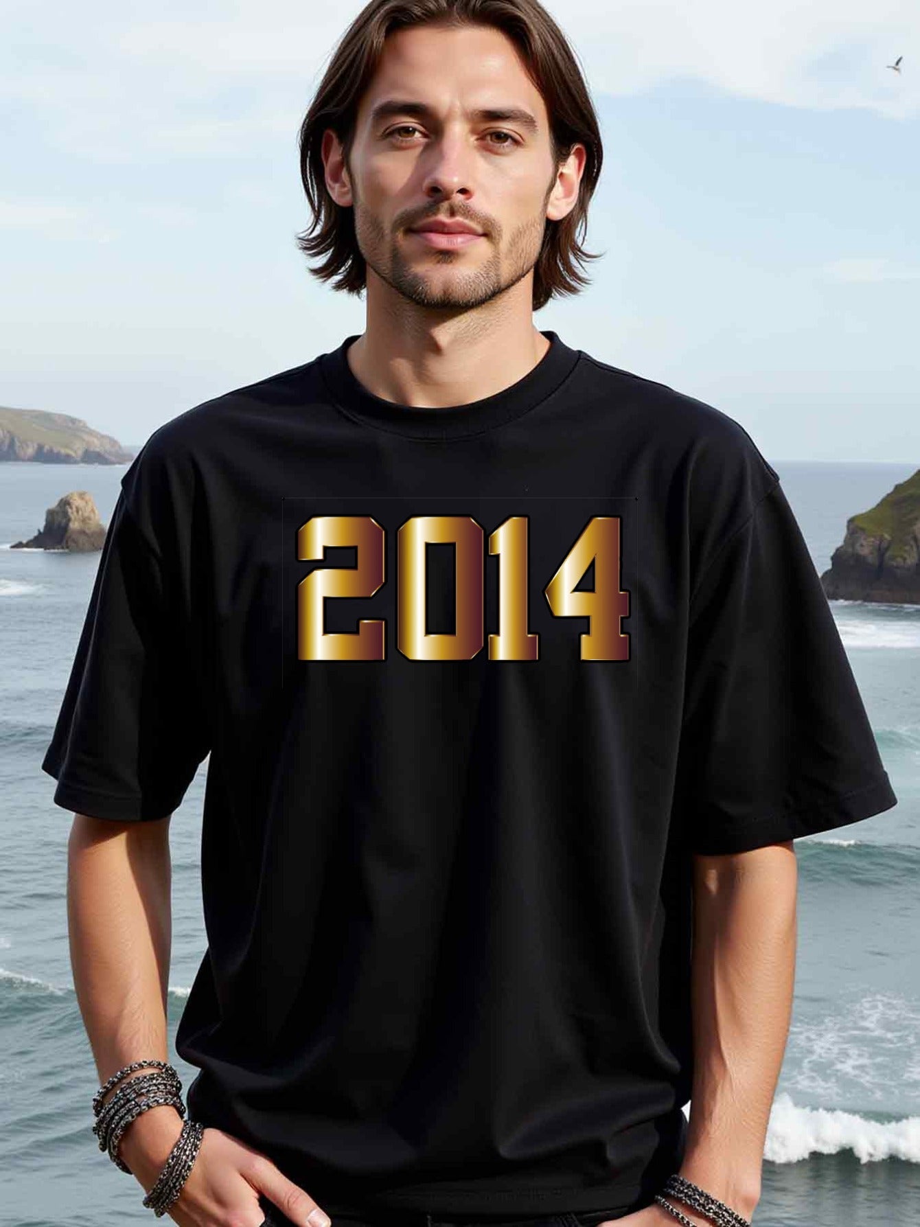natee local warehouse clearance 2014 Year of Celebration Gold Foil Design T-shirt, man's T-Shirt,100% Cotton Fabric,Crew Neck,Short Sleeve,Regular Fit,All-Season Casual Wear,180gsm-Ideal for All Saints' Day Thanksgiving Day, 男t