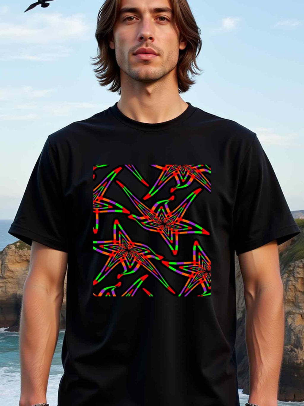 natee local warehouse clearance Abstract Neon Stars Graphic Tee - Bold & Vibrant Design, man's T-Shirt,100% Cotton Fabric,Crew Neck,Short Sleeve,Regular Fit,All-Season Casual Wear,180gsm-Ideal for Valentines Christian festival Thanksgiving Day, 男t