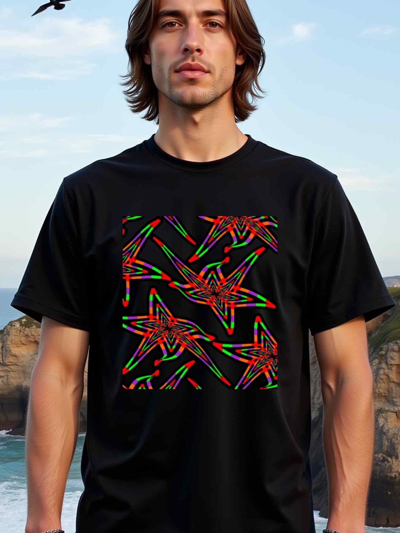 natee local warehouse clearance Abstract Neon Stars Graphic Tee - Bold & Vibrant Design, man's T-Shirt,100% Cotton Fabric,Crew Neck,Short Sleeve,Regular Fit,All-Season Casual Wear,180gsm-Ideal for Valentines Christian festival Thanksgiving Day, 男t