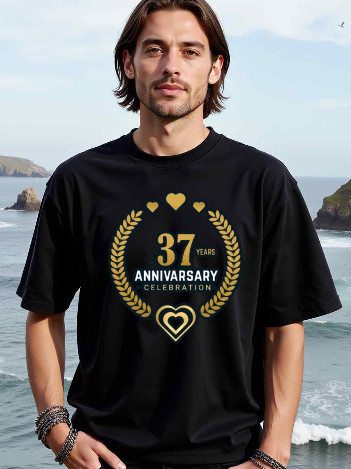 natee local warehouse clearance 37th Anniversary Celebration T-shirt - Gold Hearts & Laurels Design, man's T-Shirt,100% Cotton Fabric,Crew Neck,Short Sleeve,Regular Fit,All-Season Casual Wear,180gsm-Ideal for Valentines Christian festival Thanksgiving Day