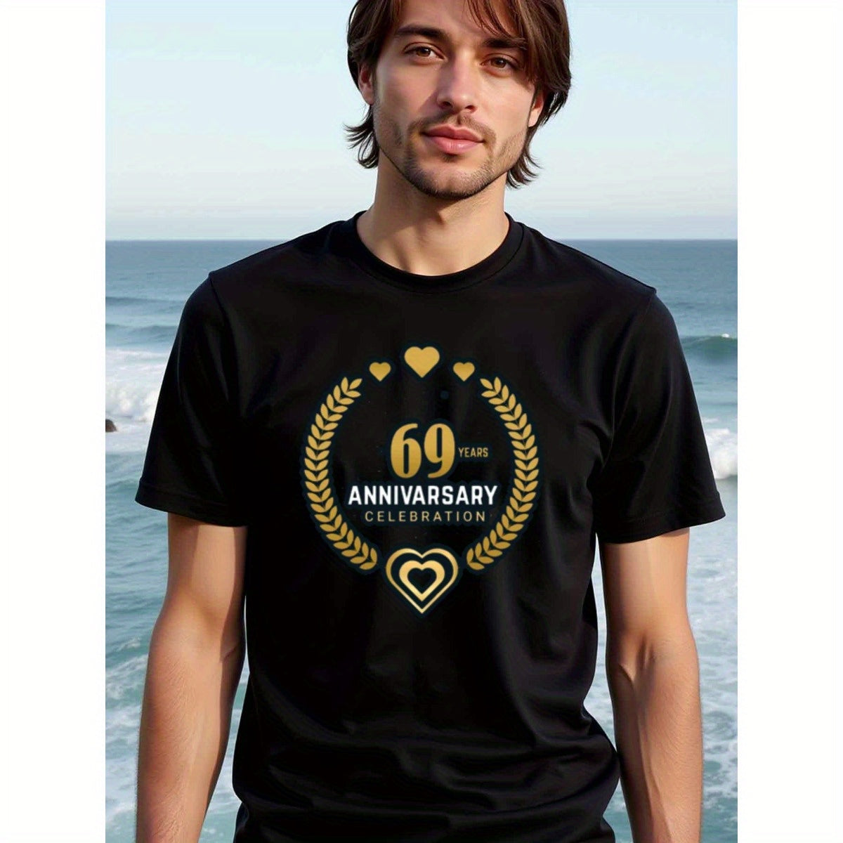 natee local warehouse clearance 69th Anniversary Celebration T-shirt - Black & Gold Hearts Design, man's T-Shirt,100% Cotton Fabric,Crew Neck,Short Sleeve,Regular Fit,All-Season Casual Wear,180gsm-Ideal for Valentines Christian festival Thanksgiving Day,
