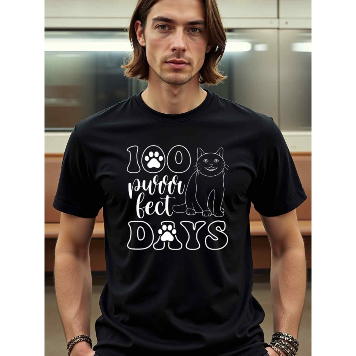 natee local warehouse clearance 100 Purrfect Days: Cat Lovers Black T-shirt, man's T-Shirt,100% Cotton Fabric,Crew Neck,Short Sleeve,Regular Fit,All-Season Casual Wear,180gsm-Ideal For Summer Holiday Gift, 男t