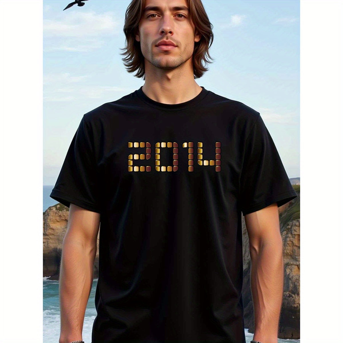 natee local warehouse clearance 2014 Year of Celebration Gold Foil Design T-shirt, 100% Cotton Fabric,Crew Neck,Regular Fit,Weekend Casual Wear,180gsm Family Friends Christian festival Thanksgiving Day, 男t