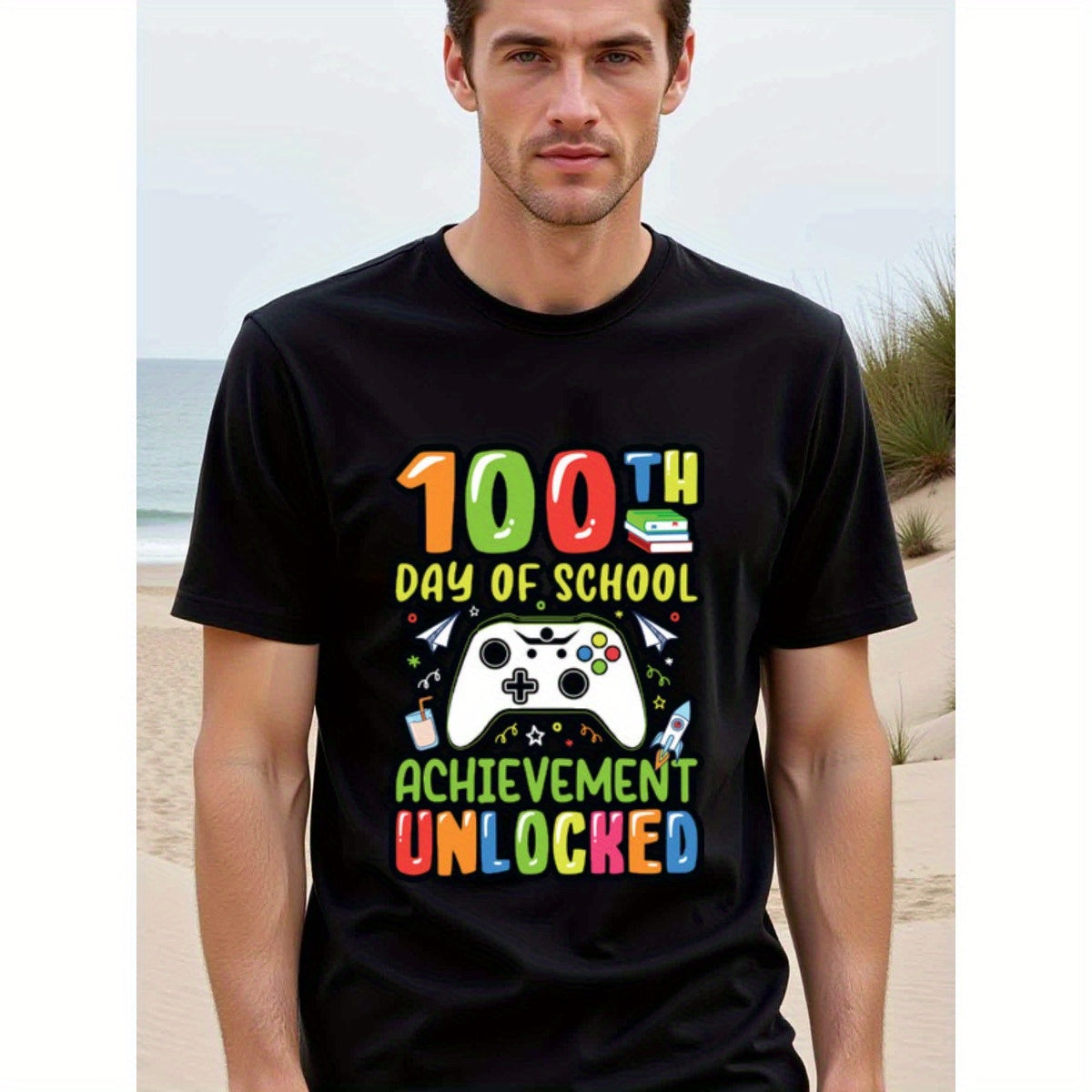 natee local warehouse clearance 100th Day of School: Achievement Unlocked Gamer T-shirt, 100% Cotton Fabric,Crew Neck,Short Sleeve,Regular Fit,All-season casual wear for man and teens-perfect for running, hiking, the beach, and parties Christian festival