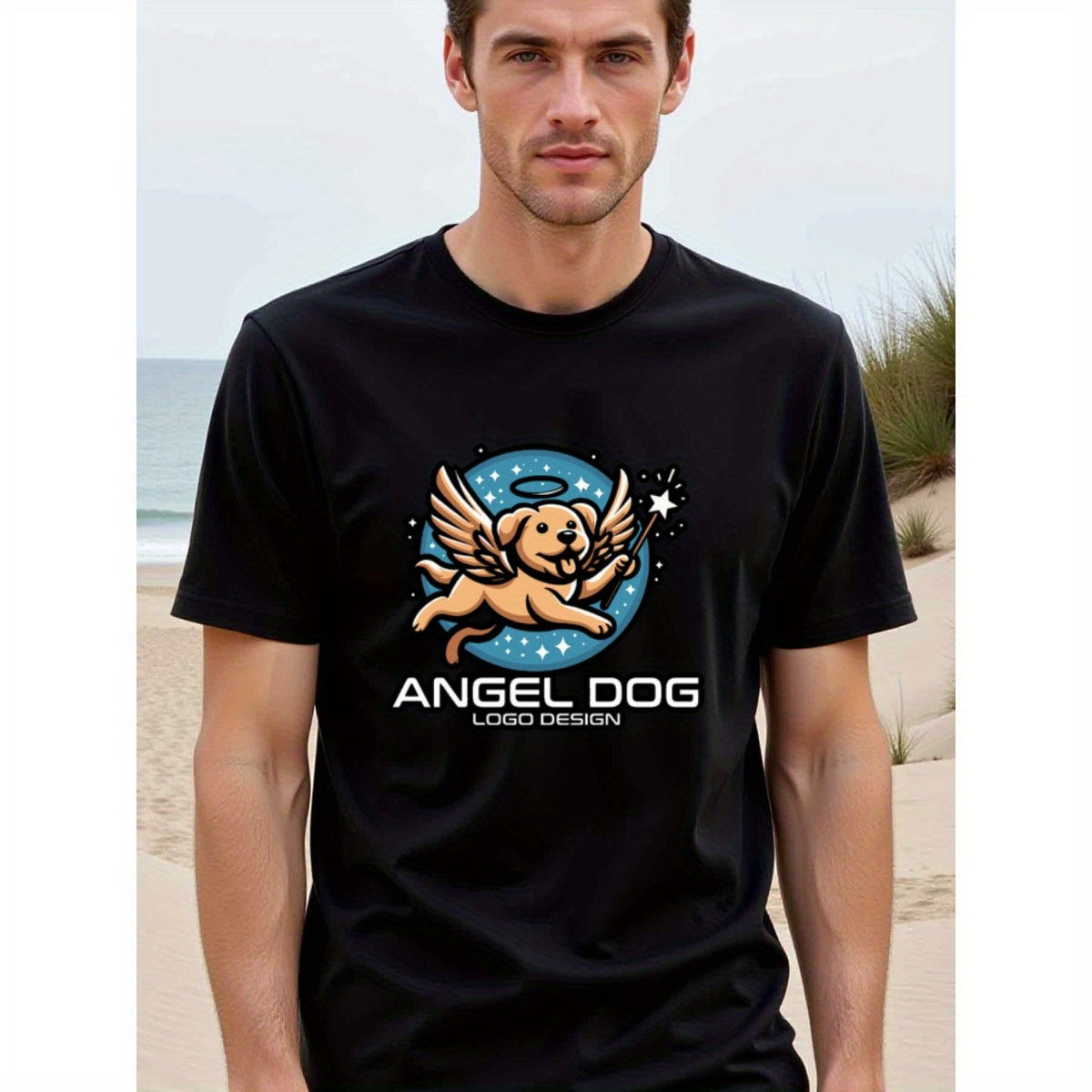 natee local warehouse clearance Angel Dog Logo Design: Adorable Graphic Tee for Pet Lovers, 100% Cotton Fabric,Crew Neck,Short Sleeve,Regular Fit,All-season casual wear for man and teens-perfect for running, hiking, the beach, and parties Christian festiv