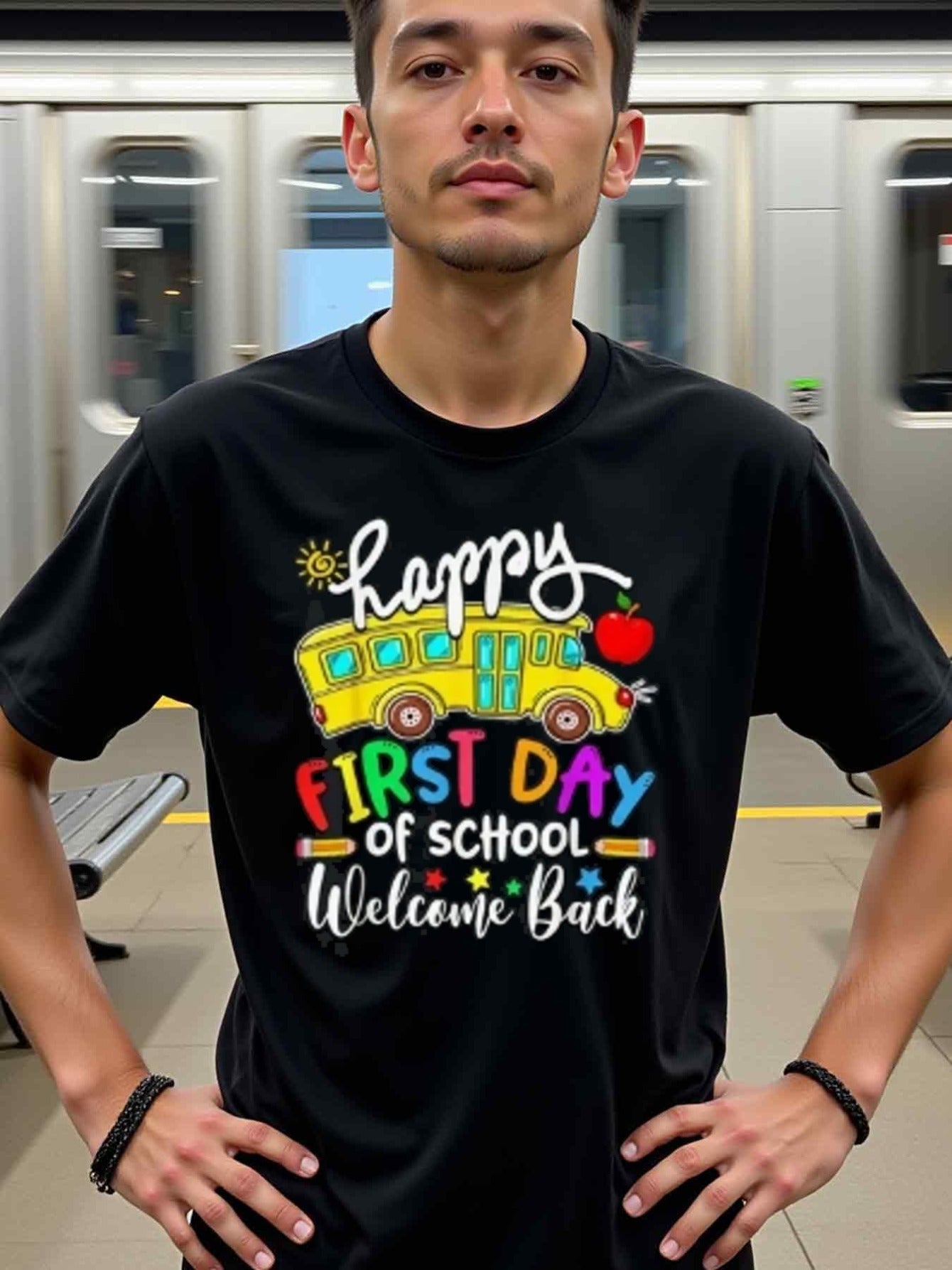natee local warehouse clearance Back-to-school Happy First Day of School Shirt, 100% Cotton Fabric,Crew Neck,Regular Fit,Weekend Casual Wear,180gsm Family Friends Christian festival Thanksgiving Day, 男t