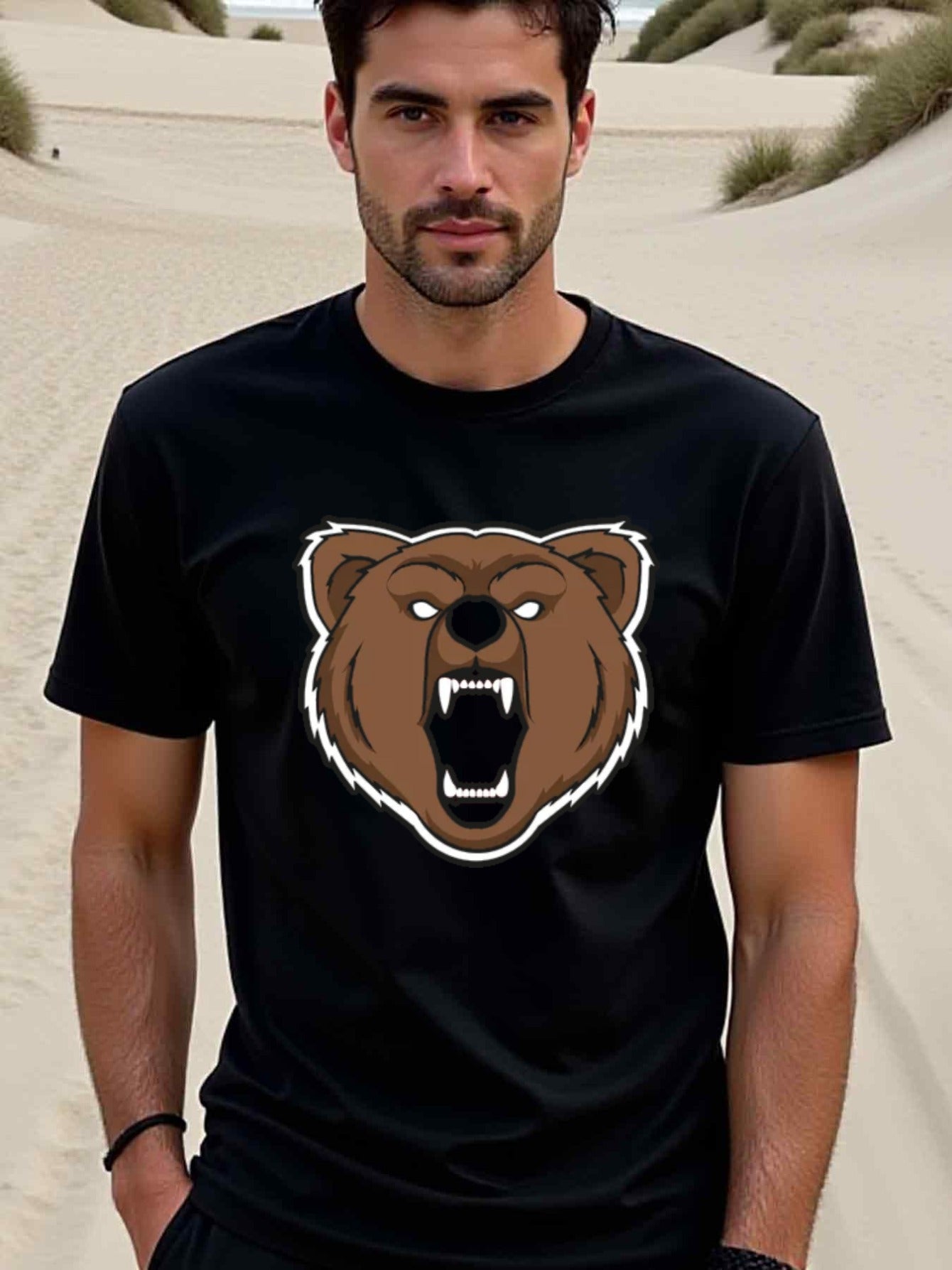 natee local warehouse clearance Angry Bear Graphic Tee - Bold and Wild Design, 100% Cotton Fabric,Crew Neck,Regular Fit,Weekend Casual Wear,180gsm Family Friends Christian festival Thanksgiving Day, 男t