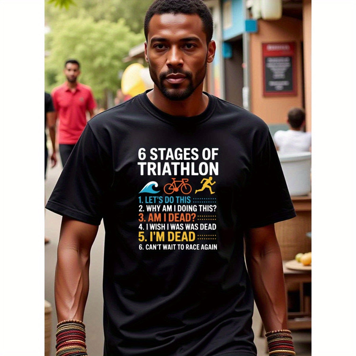 natee local warehouse clearance 6 Stages of Triathlon: a Humorous Journey Through Race Day, 100% Cotton Fabric,Crew Neck,Short Sleeve,Regular Fit,All-season casual wear for man and teens-perfect for running, hiking, the beach, and parties Christian festiv