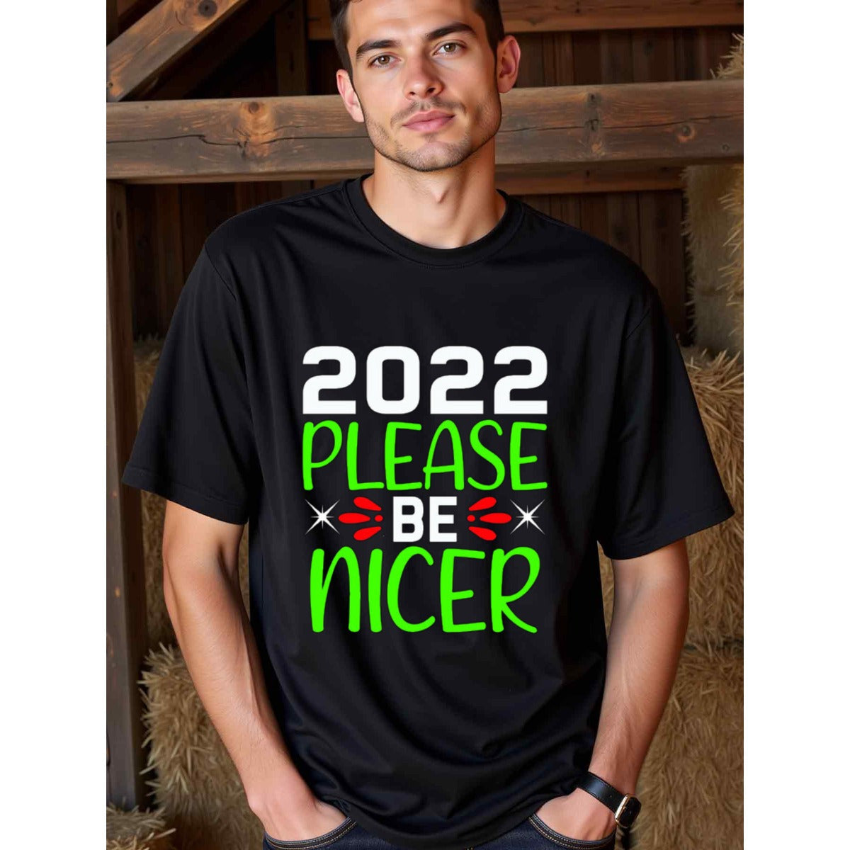 natee local warehouse clearance 2022 Please Be Nicer - Festive Holiday T-shirt, man's T-Shirt,100% Cotton Fabric,Crew Neck,Short Sleeve,Regular Fit,All-Season Casual Wear,180gsm-Ideal for Valentines Christian festival Thanksgiving Day,