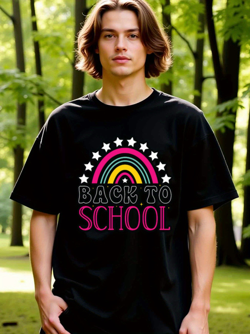 natee local warehouse clearance Back to School Rainbow Stars Black T-shirt, man's T-Shirt,100% Cotton Fabric,Crew Neck,Short Sleeve,Regular Fit,All-Season Casual Wear,180gsm-Ideal for Valentines Christian festival Thanksgiving Day, 男t