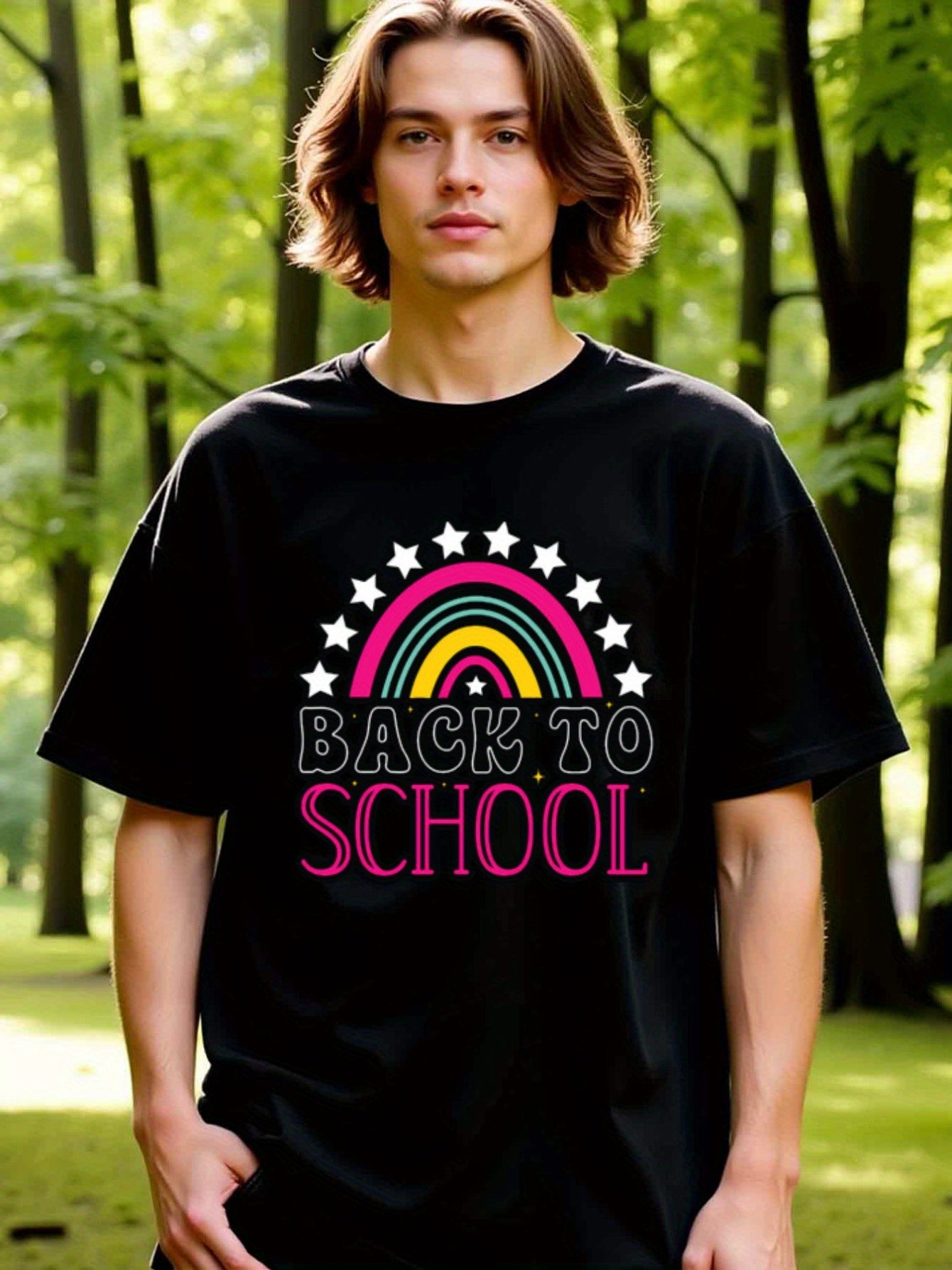 natee local warehouse clearance Back to School Rainbow Stars Black T-shirt, man's T-Shirt,100% Cotton Fabric,Crew Neck,Short Sleeve,Regular Fit,All-Season Casual Wear,180gsm-Ideal for Valentines Christian festival Thanksgiving Day, 男t