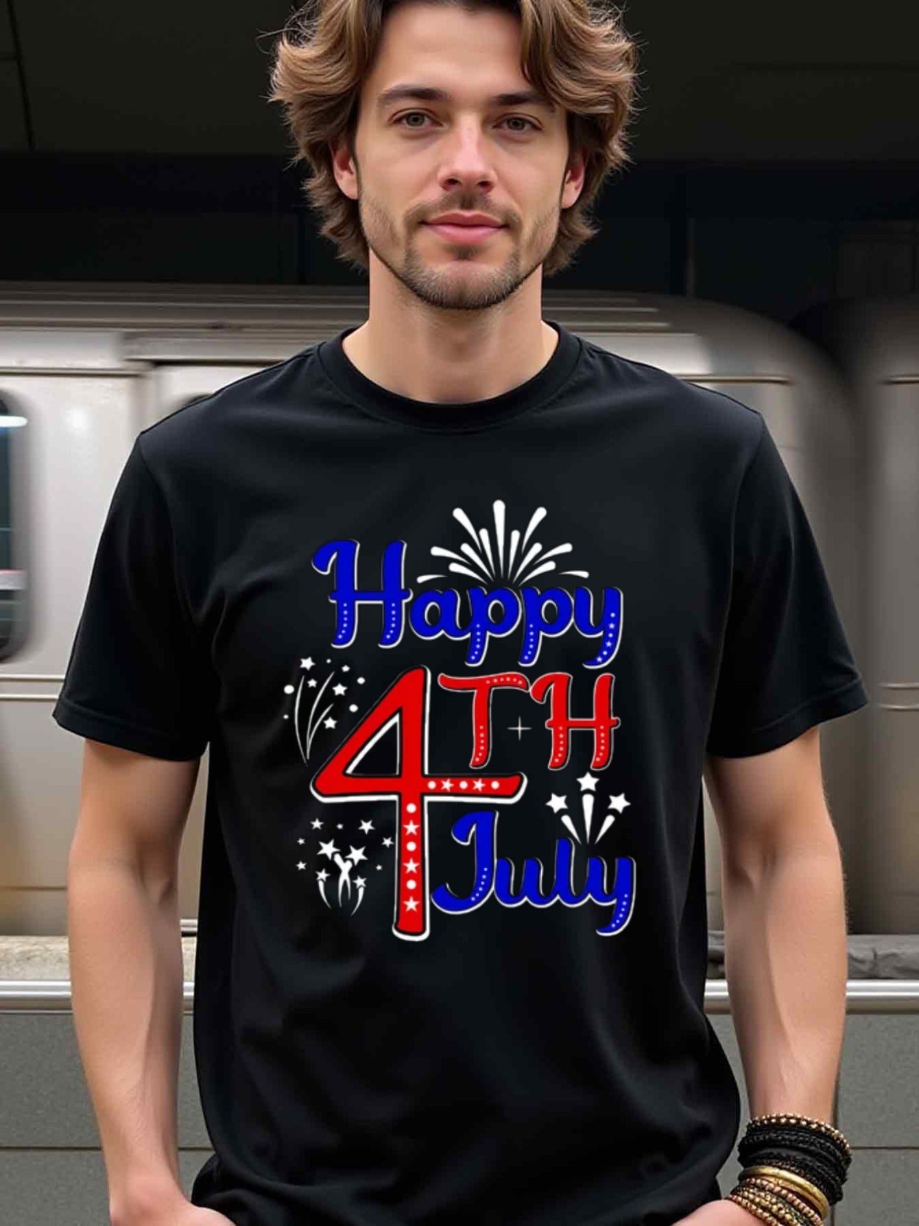 natee local warehouse clearance 4th of July Celebration Fireworks Black T-shirt, man's T-Shirt,100% Cotton Fabric,Crew Neck,Short Sleeve,Regular Fit,All-Season Casual Wear,180gsm-Ideal For Summer Holiday Gift, 男t