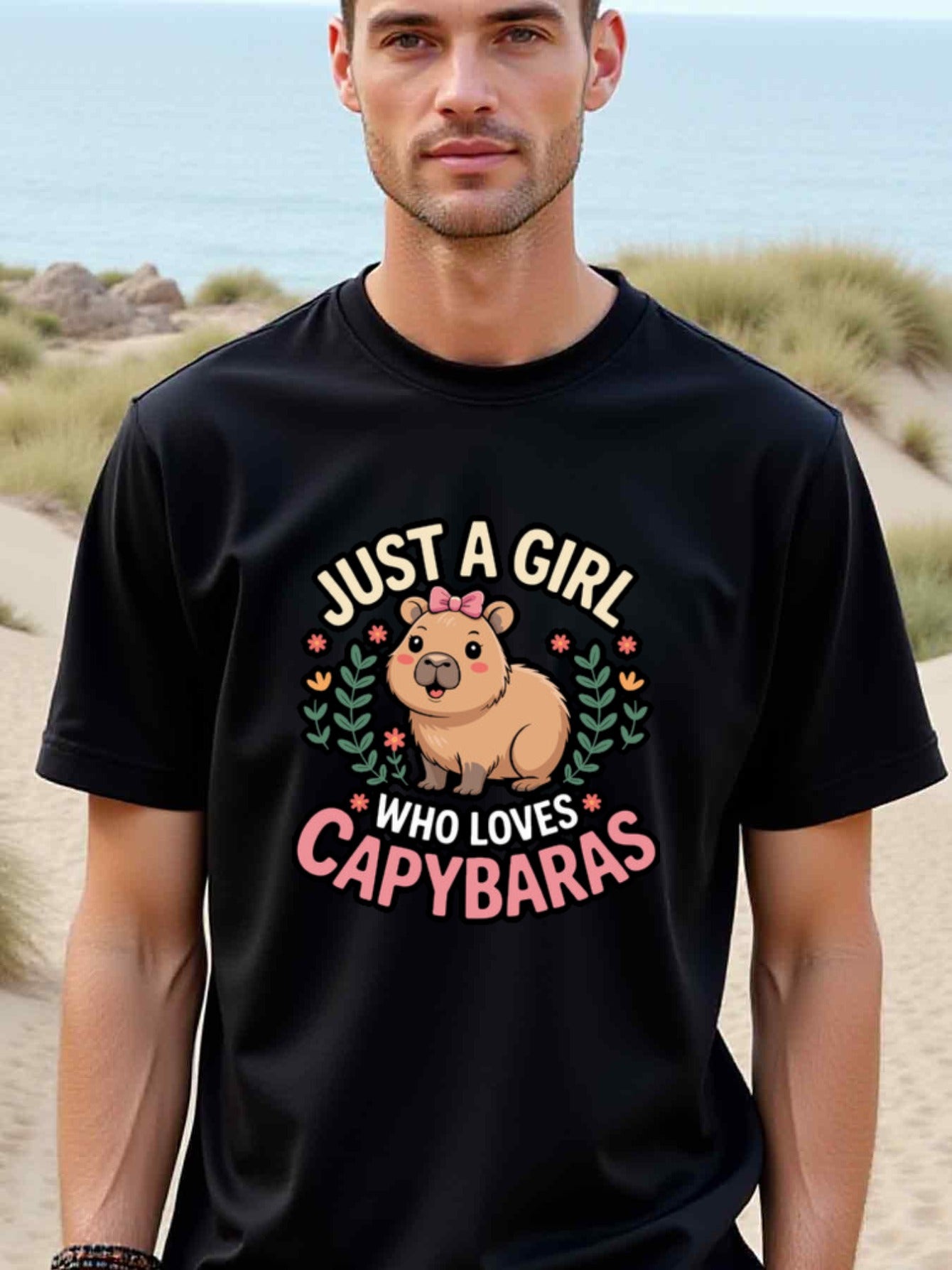 natee local warehouse clearance Adorable Capybara Lover's Tee - Just a Girl Who Loves Capybaras, man's T-Shirt,100% Cotton Fabric,Crew Neck,Short Sleeve,Regular Fit,All-Season Casual Wear,180gsm-Ideal for Valentines Christian festival Thanksgiving Day, 男t
