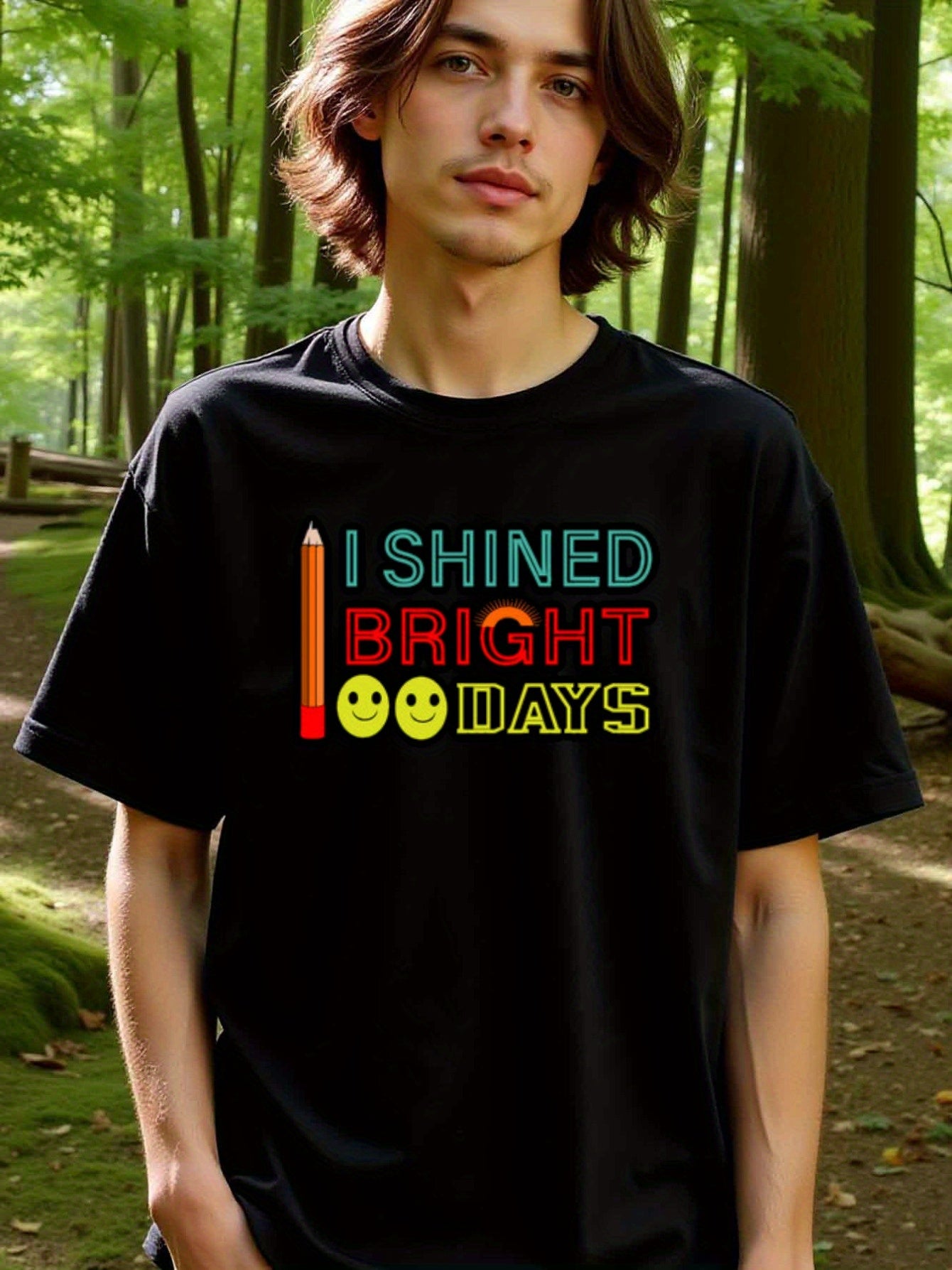natee local warehouse clearance 100 Days of Shining Bright: Colorful Pencil T-shirt, man's T-Shirt,100% Cotton Fabric,Crew Neck,Short Sleeve,Regular Fit,All-Season Casual Wear,180gsm-Ideal For Summer Holiday Gift, 男t