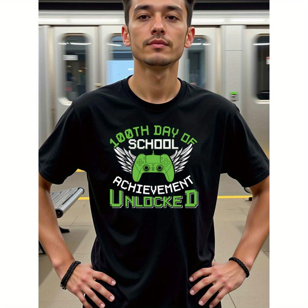 natee local warehouse clearance 100th Day of School Achievement Unlocked Gamer T-shirt, man's T-Shirt,100% Cotton Fabric,Crew Neck,Short Sleeve,Regular Fit,All-Season Casual Wear,180gsm-Ideal for Valentines Christian festival Thanksgiving Day, 男t