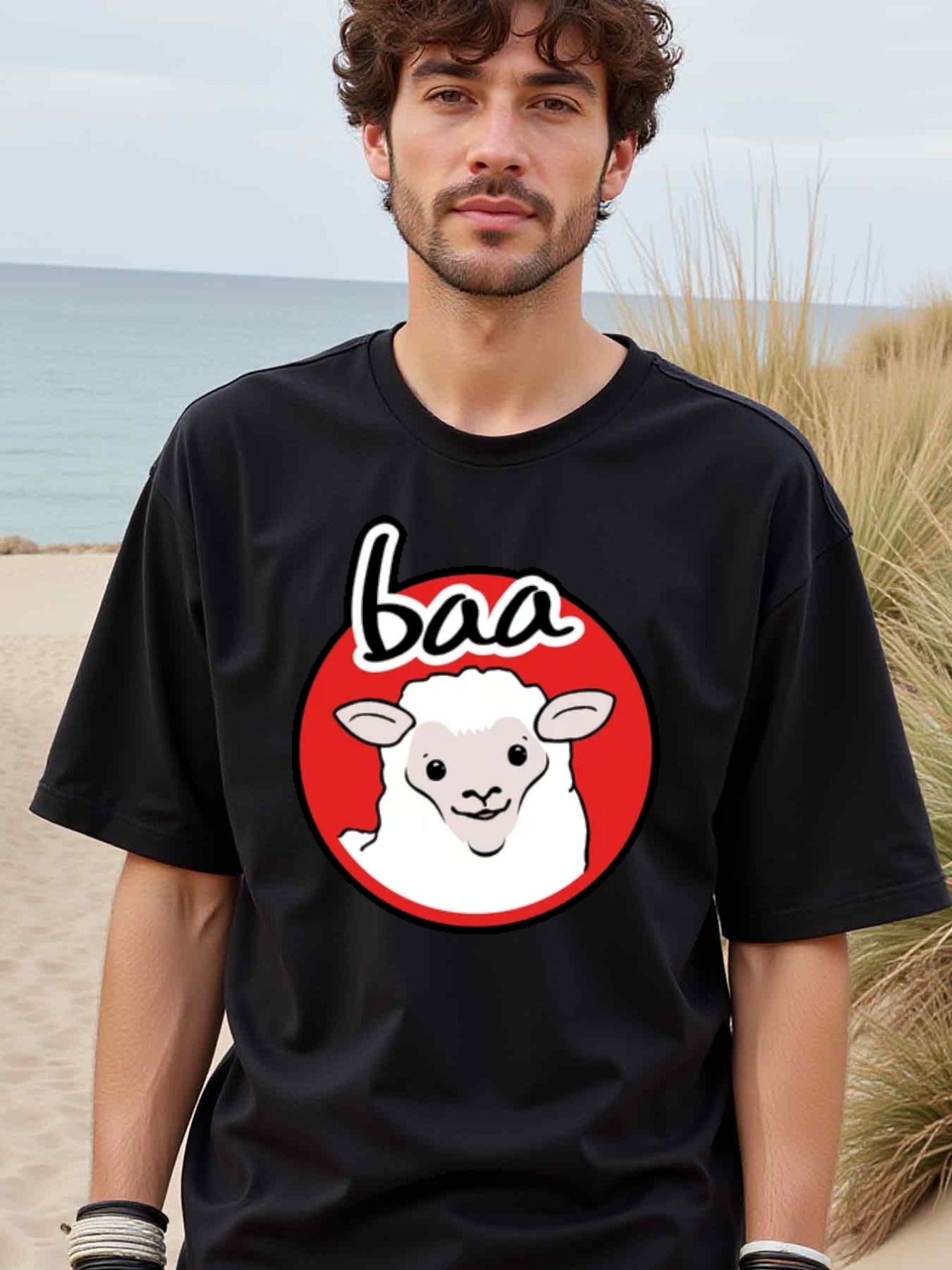 natee local warehouse clearance Adorable Sheep Baa Graphic Tee for Animal Lovers, 100% Cotton Fabric,Crew Neck,Regular Fit,Weekend Casual Wear,180gsm Family Friends Christian festival Thanksgiving Day, 男t