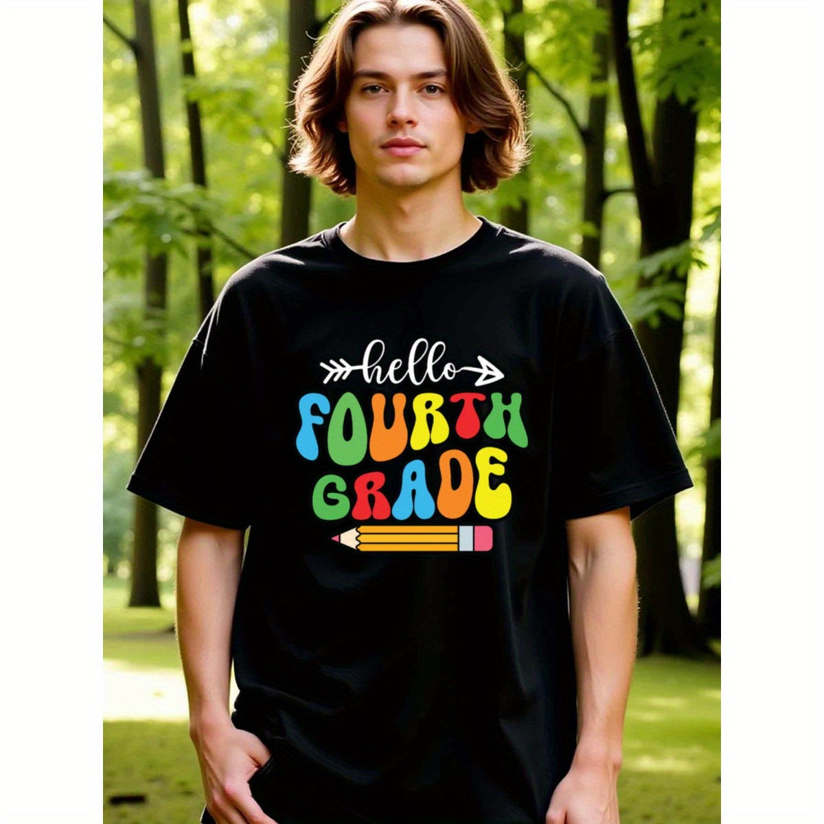 natee local warehouse clearance Back-to-school Hello Fourth Grade Graphic Tee, man's T-Shirt,100% Cotton Fabric,Crew Neck,Short Sleeve,Regular Fit,All-Season Casual Wear,180gsm-Ideal for Valentines Christian festival Thanksgiving Day, 男t