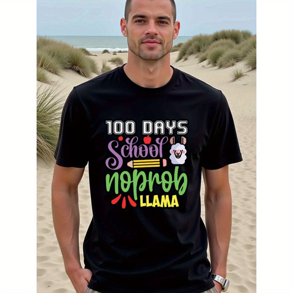 natee local warehouse clearance 100 Days School No Prob Llama Funny Teacher T-shirt, man's T-Shirt,100% Cotton Fabric,Crew Neck,Short Sleeve,Regular Fit,All-Season Casual Wear,180gsm-Ideal for Valentines Christian festival Thanksgiving Day, 男t