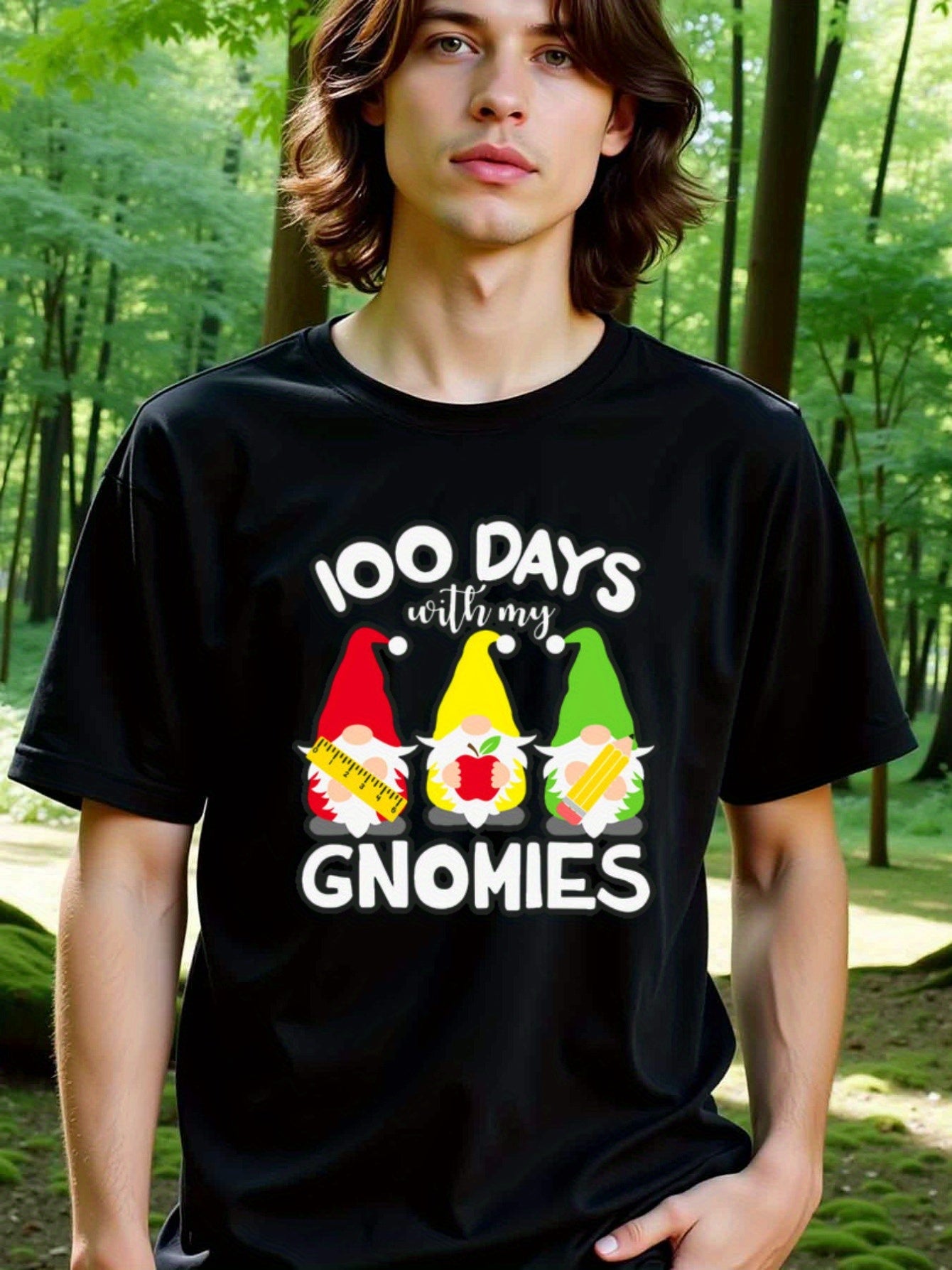 natee local warehouse clearance 100 Days with My Gnomies Teacher Shirt, man's T-Shirt,100% Cotton Fabric,Crew Neck,Short Sleeve,Regular Fit,All-Season Casual Wear,180gsm-Ideal For Summer Holiday Gift, 男t