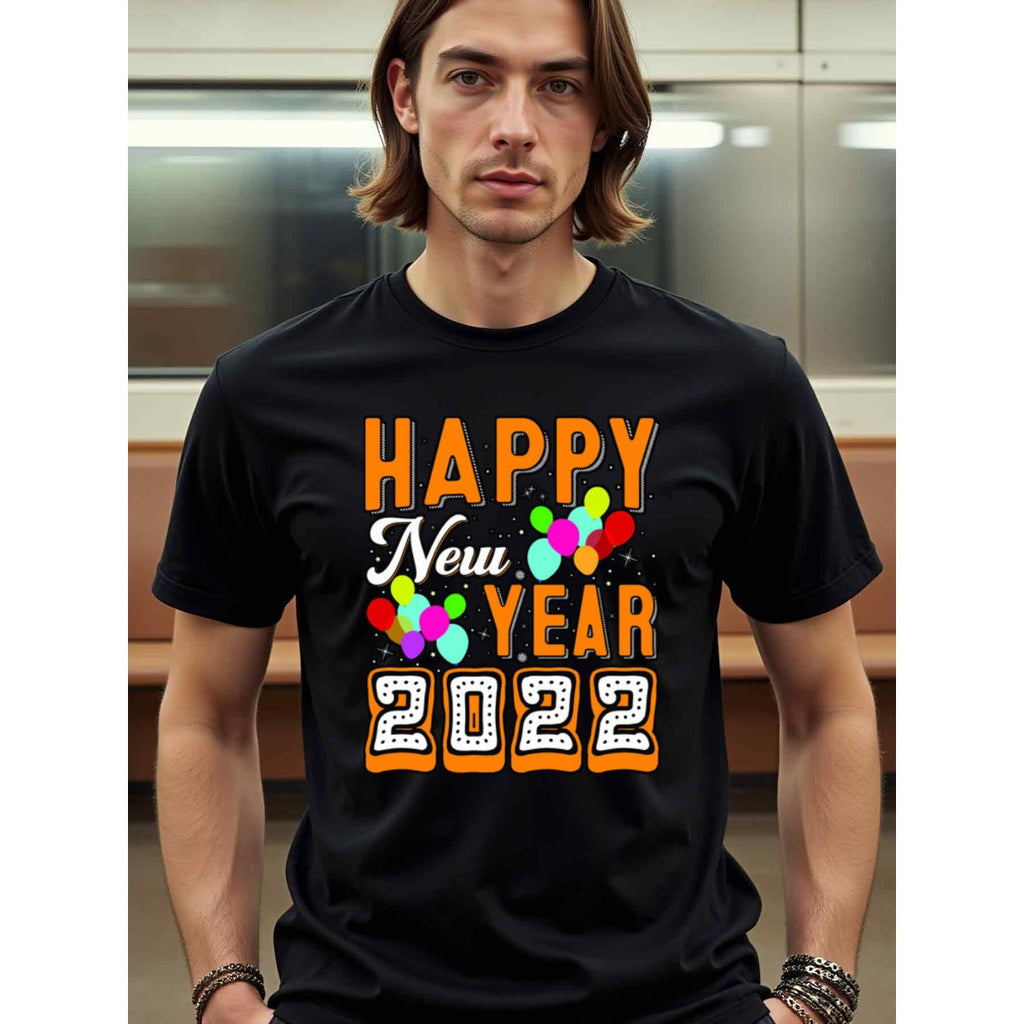 natee local warehouse clearance 2022 Happy New Year Celebration T-shirt, man's T-Shirt,100% Cotton Fabric,Crew Neck,Short Sleeve,Regular Fit,All-Season Casual Wear,180gsm-Ideal for All Saints' Day Thanksgiving Day, 男t