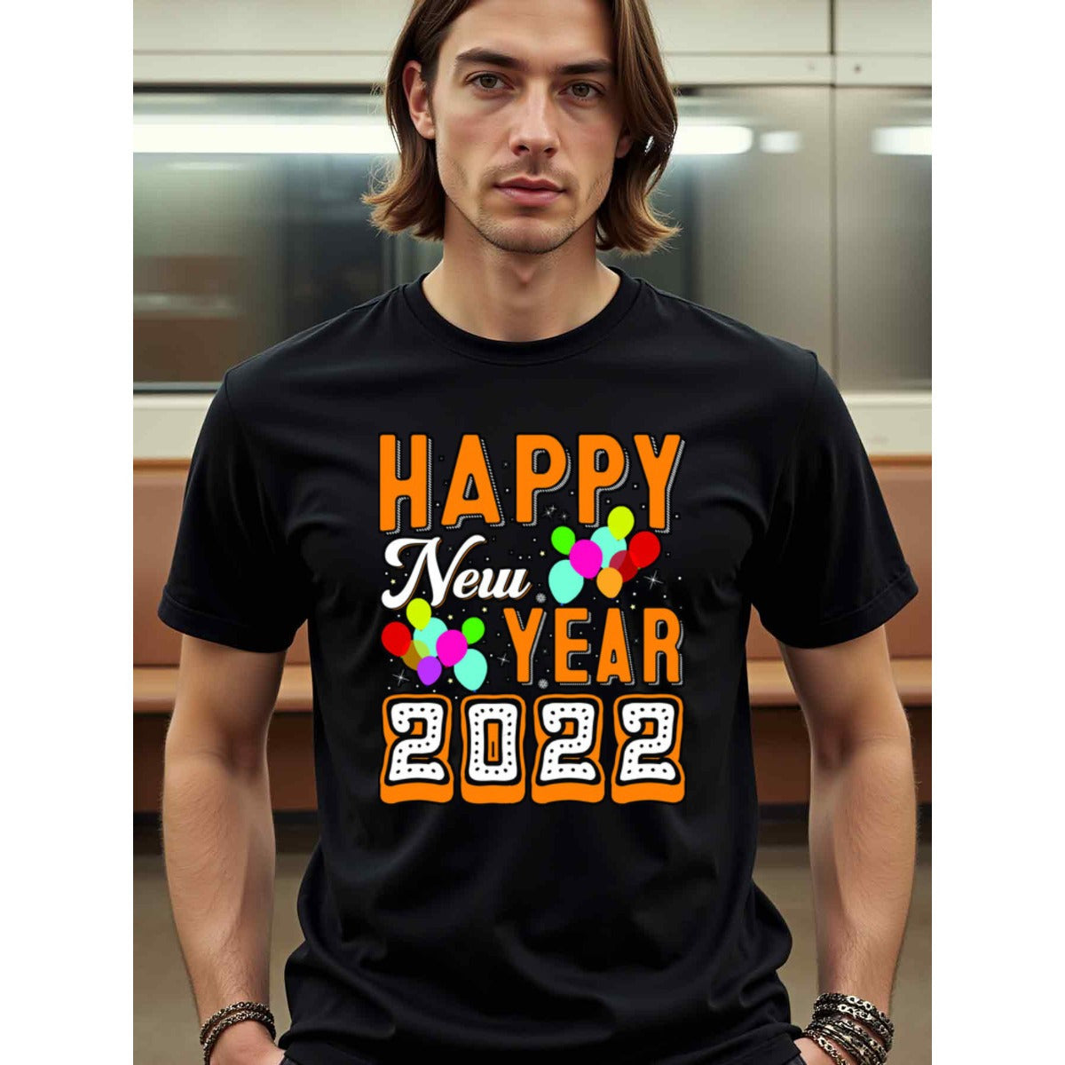 natee local warehouse clearance 2022 Happy New Year Celebration T-shirt, man's T-Shirt,100% Cotton Fabric,Crew Neck,Short Sleeve,Regular Fit,All-Season Casual Wear,180gsm-Ideal for All Saints' Day Thanksgiving Day, 男t