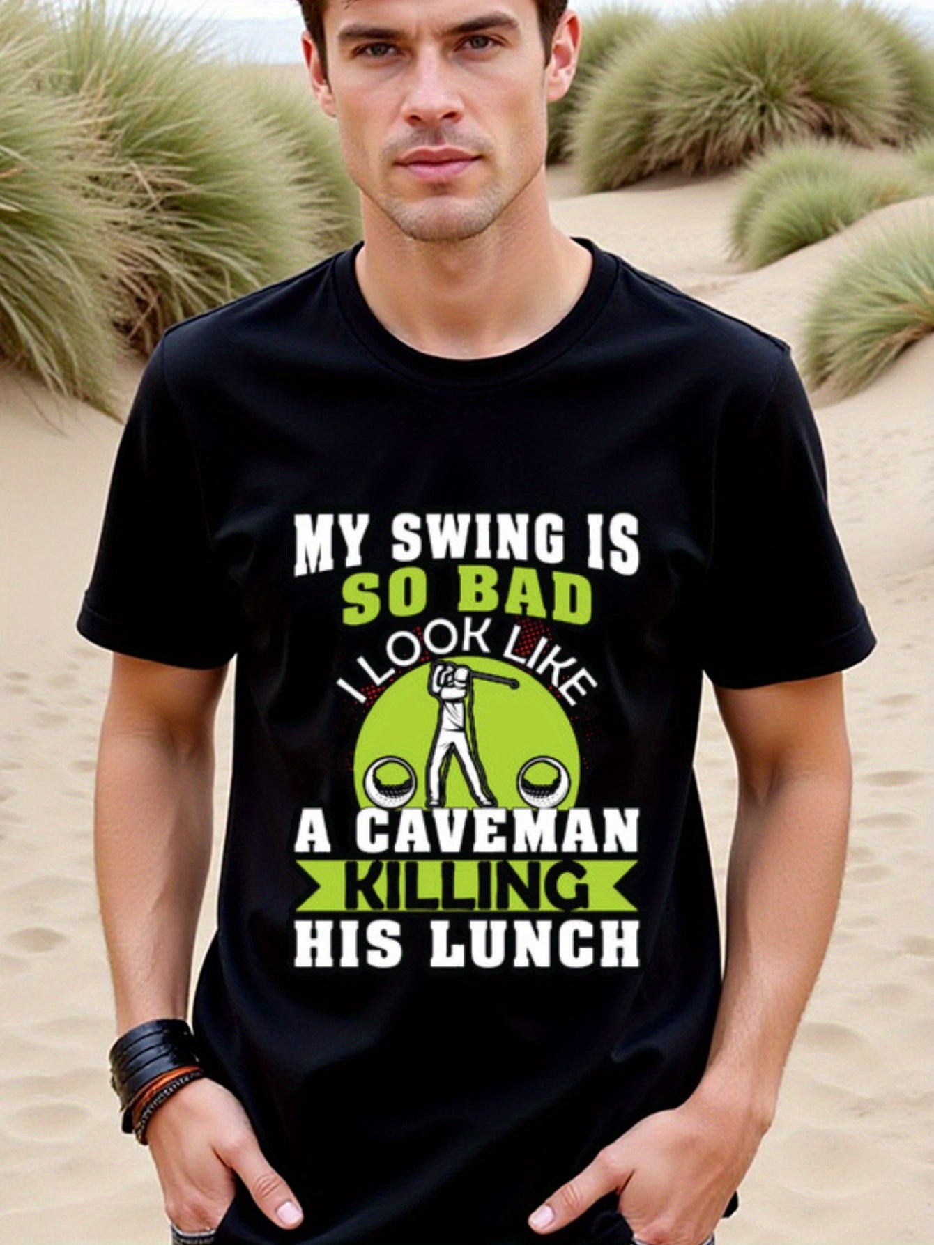 natee local warehouse clearance Bad Golf Swing Humor: Caveman Lunch T-shirt, 100% Cotton Fabric,Crew Neck,Regular Fit,Weekend Casual Wear,180gsm Family Friends Christian festival Thanksgiving Day, 男t