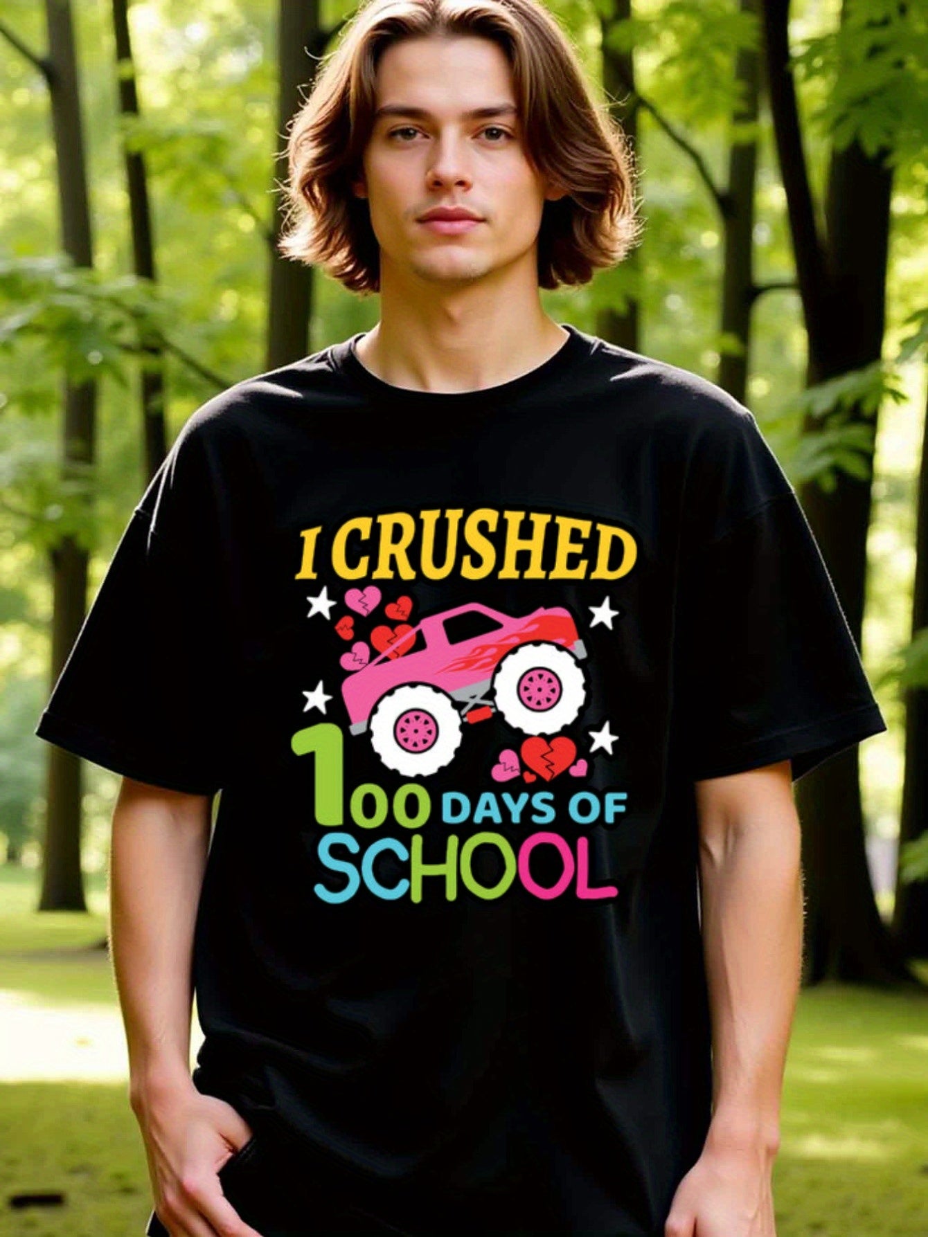 natee local warehouse clearance 100 Days of School Monster Truck Shirt - Kids 100th Day of School Gift, man's T-Shirt,100% Cotton Fabric,Crew Neck,Short Sleeve,Regular Fit,All-Season Casual Wear,180gsm-Ideal for Valentines Christian festival Thanksgiving