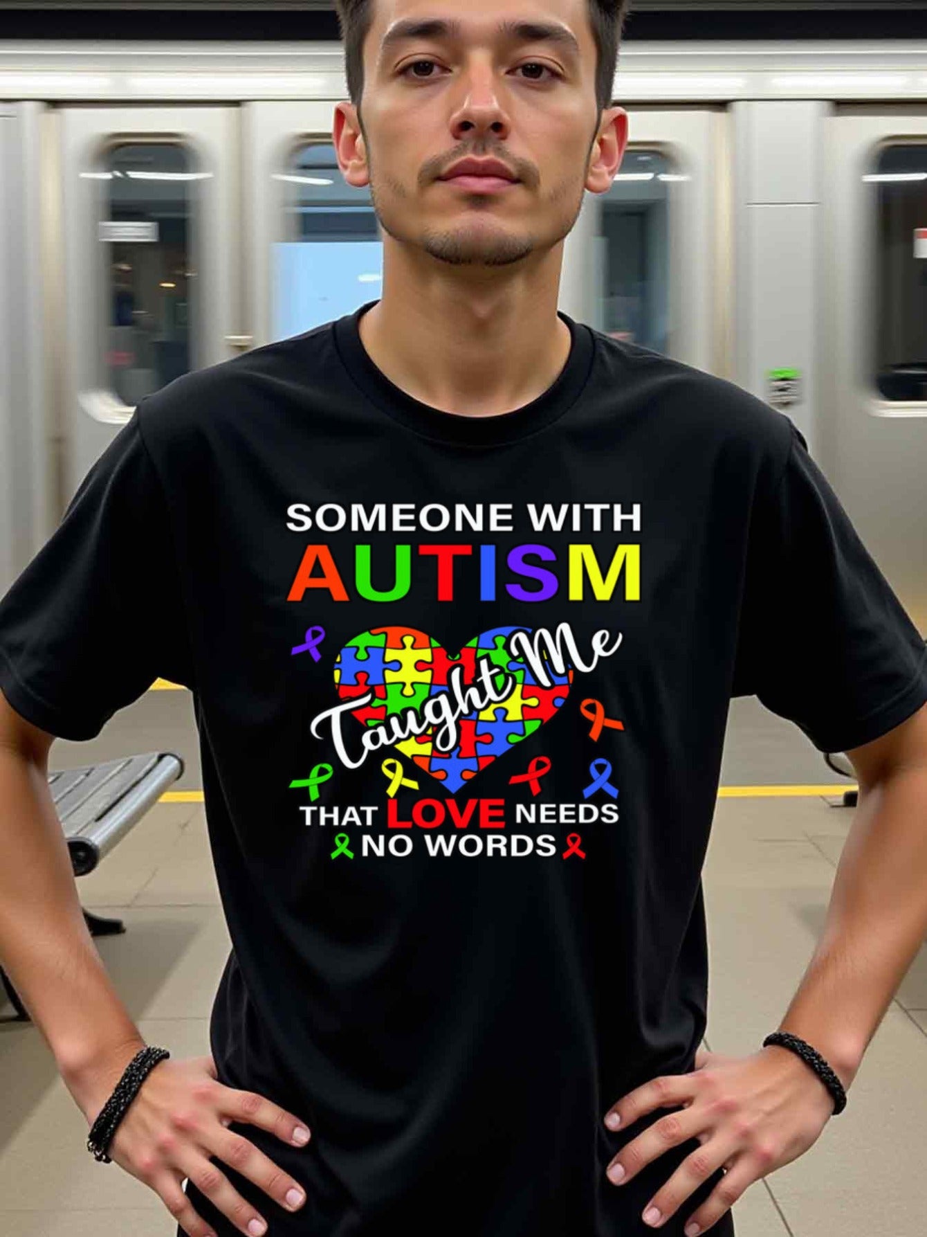 natee local warehouse clearance Autism Awareness: Love Needs No Words T-shirt, man's T-Shirt,100% Cotton Fabric,Crew Neck,Short Sleeve,Regular Fit,All-Season Casual Wear,180gsm-Ideal for Valentines Christian festival Thanksgiving Day, 男t