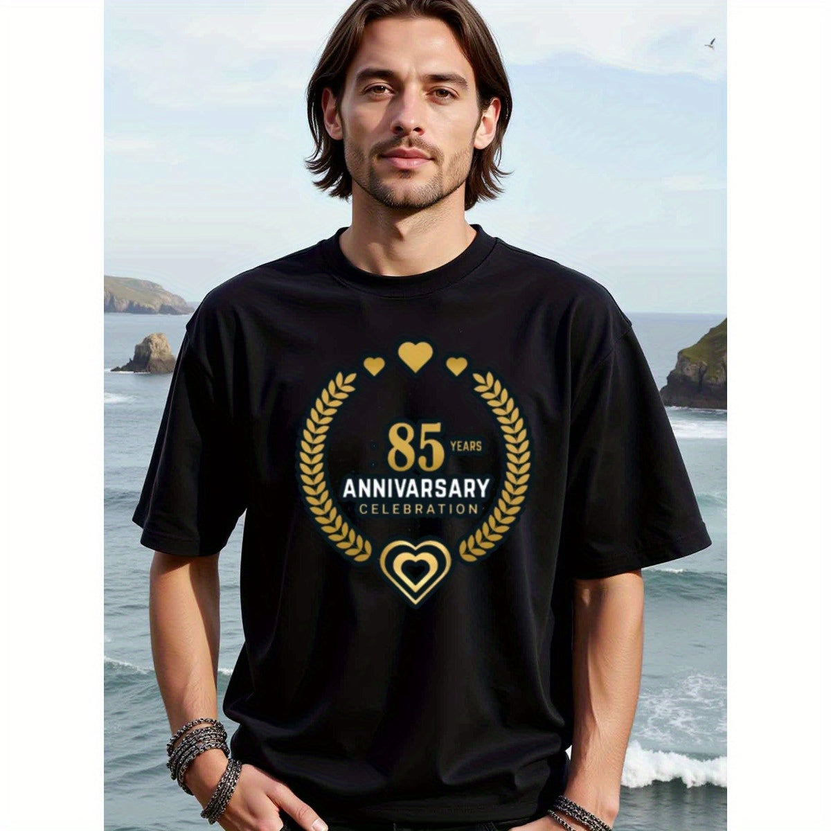 natee local warehouse clearance 85th Anniversary Celebration T-shirt - Black & Gold Hearts Design, 100% Cotton Fabric,Crew Neck,Regular Fit,Weekend Casual Wear,180gsm Family Friends Christian festival Thanksgiving Day, 男t