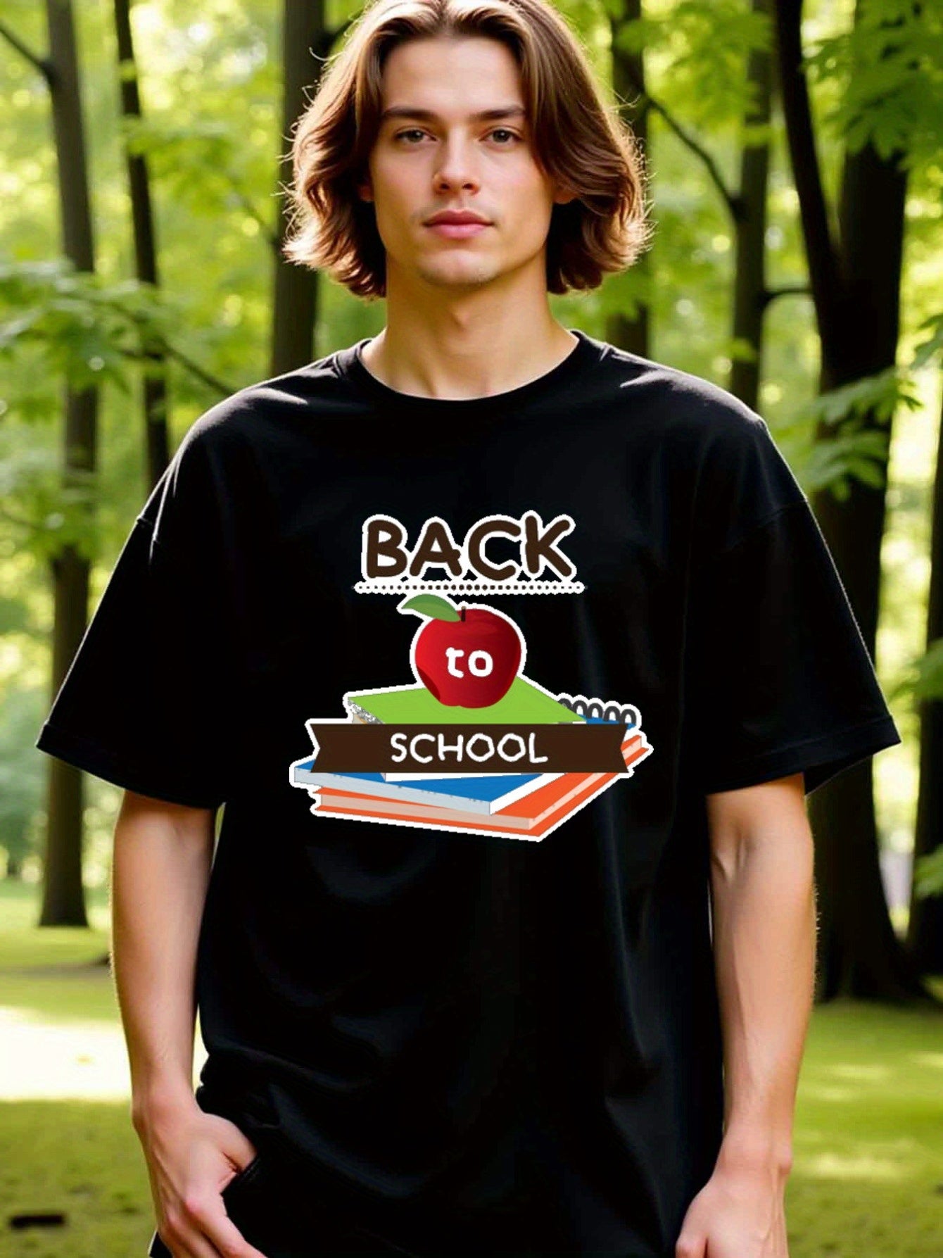 natee local warehouse clearance Back to School Graphic Tee: Books & Apple Design, 男t, 男t