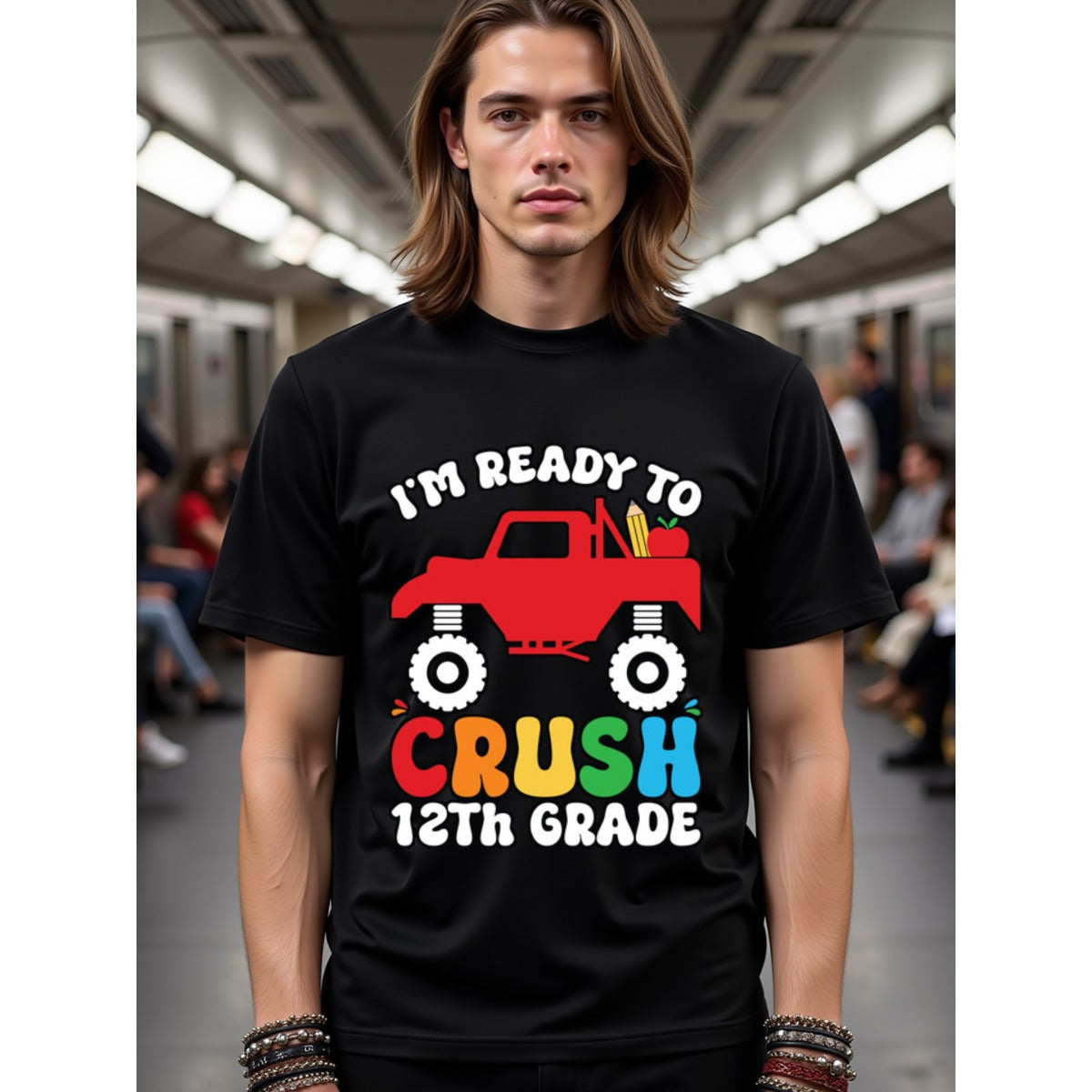 natee local warehouse clearance Back-to-school Monster Truck Crush 12th Grade T-shirt, 100% Cotton Fabric,Crew Neck,Regular Fit,Weekend Casual Wear,180gsm Family Friends Christian festival Thanksgiving Day, 男t