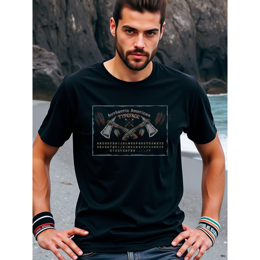 natee local warehouse clearance Authentic American Typeface T-shirt - Native Design, 100% Cotton Fabric,Crew Neck,Regular Fit,Weekend Casual Wear,180gsm Family Friends Christian festival Thanksgiving Day, 男t