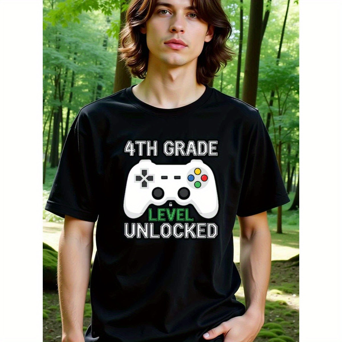 natee local warehouse clearance 4th Grade Level Unlocked Gamer T-shirt, 100% Cotton Fabric,Crew Neck,Regular Fit,Weekend Casual Wear,180gsm Family Friends Christian festival Thanksgiving Day, 男t