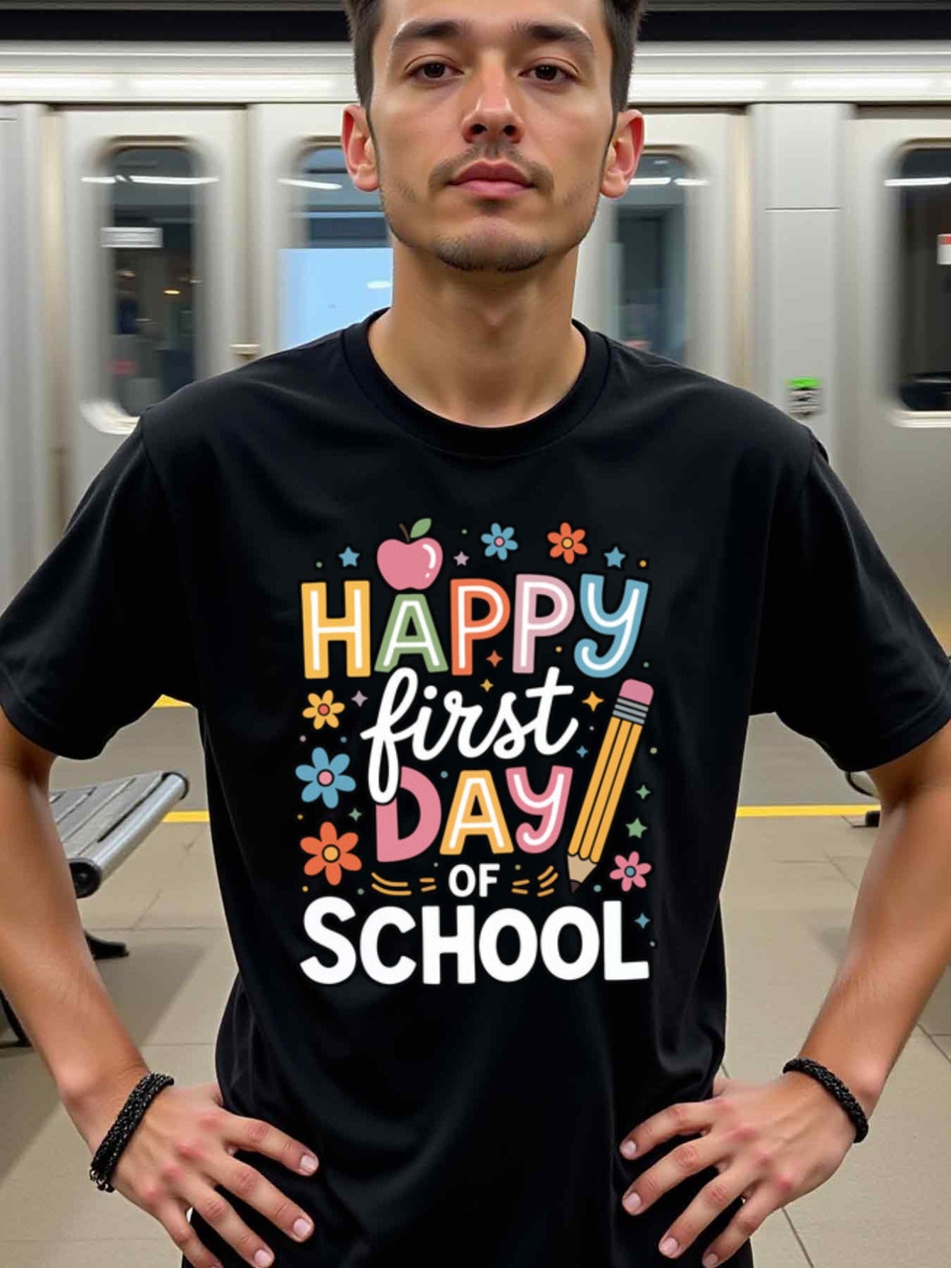 natee local warehouse clearance Back-to-school Celebration: Happy First Day of School T-shirt, man's T-Shirt,100% Cotton Fabric,Crew Neck,Short Sleeve,Regular Fit,All-Season Casual Wear,180gsm-Ideal for Valentines Christian festival Thanksgiving Day, 男t