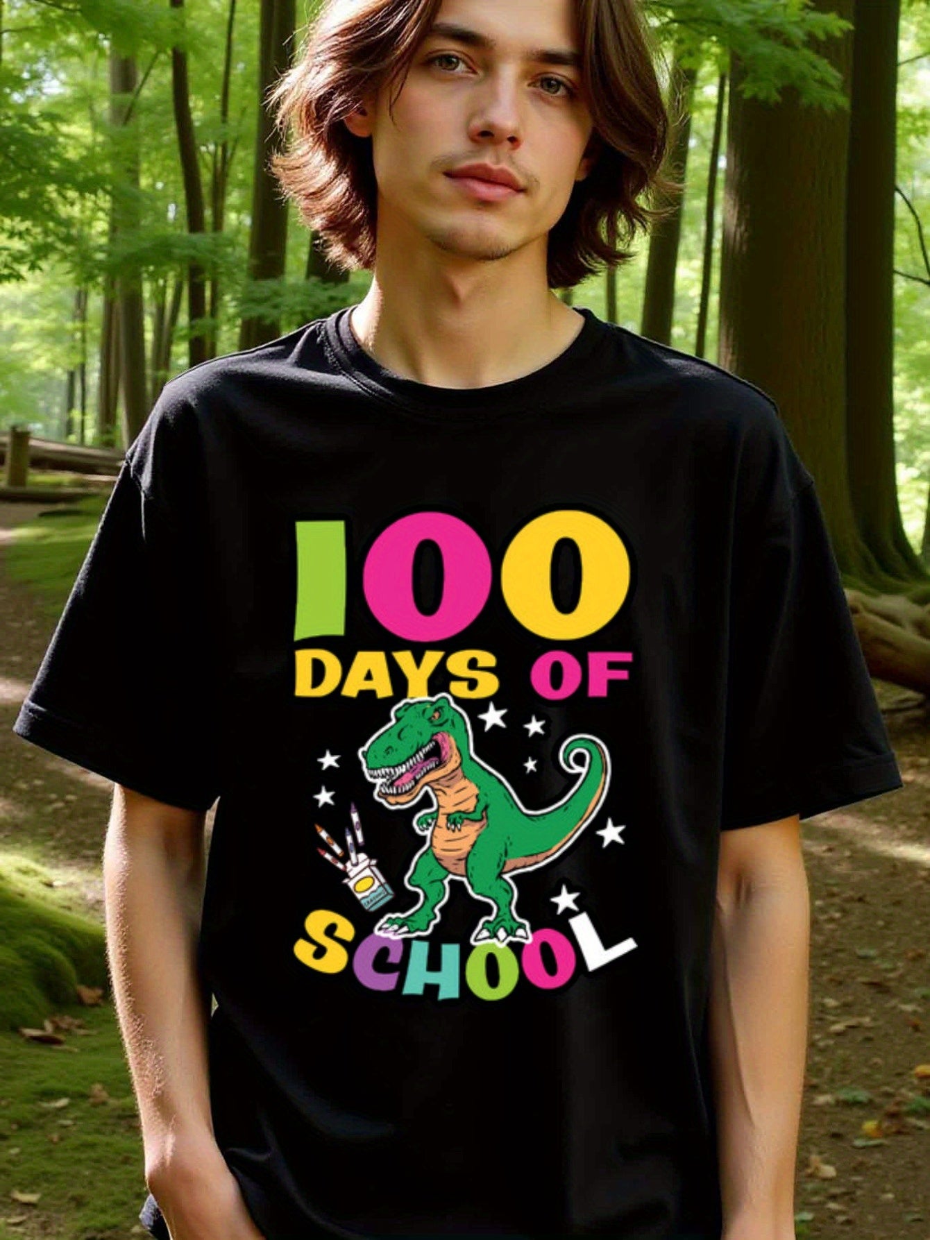natee local warehouse clearance 100 Days of School Dinosaur T-shirt for Kids, 100% Cotton Fabric,Crew Neck,Regular Fit,Weekend Casual Wear,180gsm Family Friends Christian festival Thanksgiving Day, 男t
