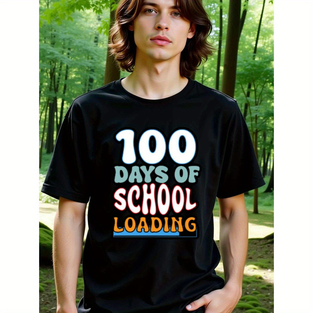 natee local warehouse clearance 100 Days of School Loading - Fun Retro Style T-shirt, man's T-Shirt,100% Cotton Fabric,Crew Neck,Short Sleeve,Regular Fit,All-Season Casual Wear,180gsm-Ideal for Valentines Christian festival Thanksgiving Day, 男t
